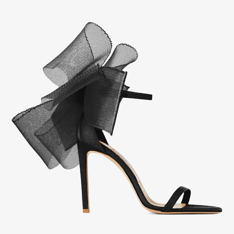 Aveline 100 Black Sandals with Asymmetric Grosgrain Mesh Fascinator Bows - 1