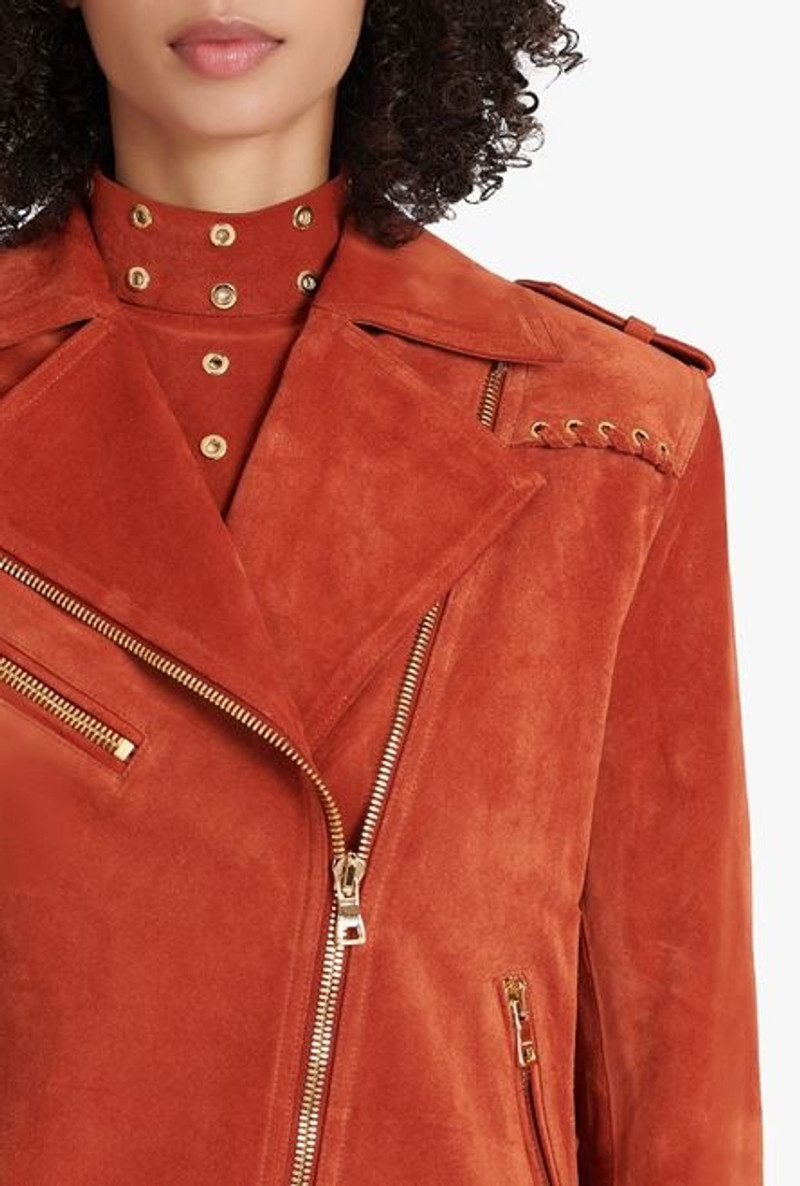 Balmain x Netflix -Terracotta and golden suede biker jacket 6
