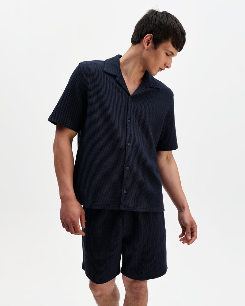 Wax London Clayland - Navy Textured Waffle Short-Sleeve Shirt outlook