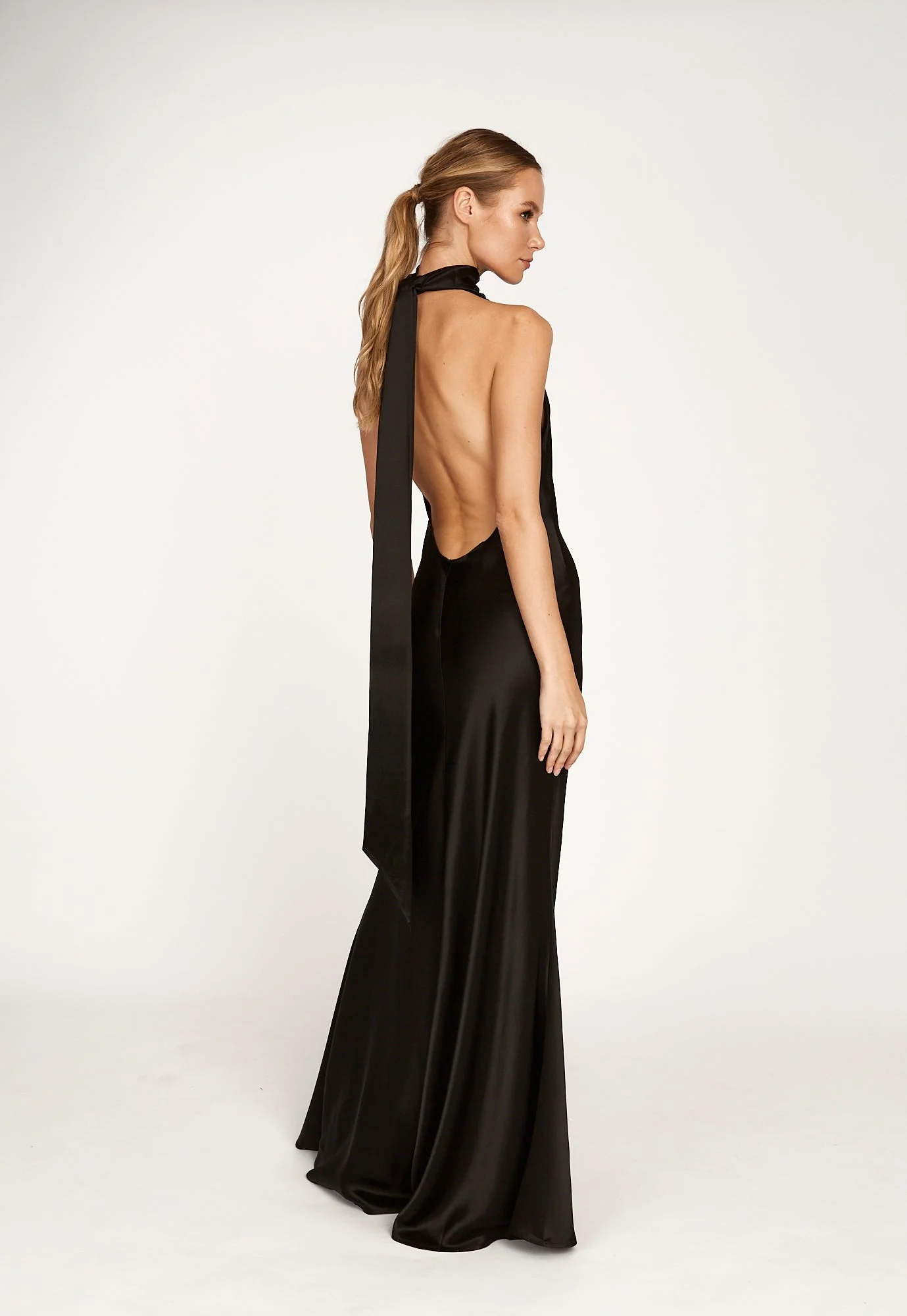 sau lee penelope high neck open back satin maxi dress Backless Gown and large statement wings at the back of the neck. SAU LEE Penelope Gown in