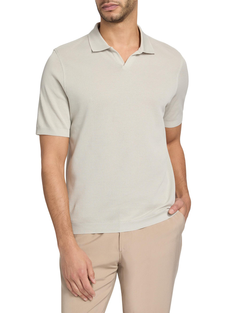 Men's Textured Cotton Johnny Collar Polo Shirt - White 3