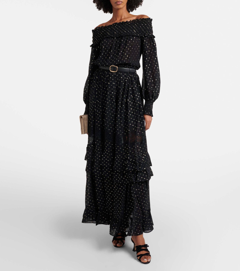 self-portrait Shirred metallic-effect off-shoulder top outlook