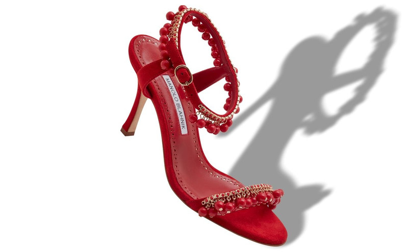 Manolo Blahnik Red Suede Jewel Embellished Sandals outlook