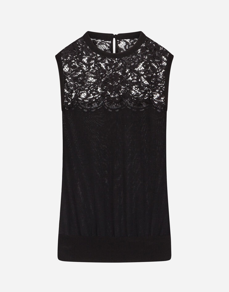 Sleeveless virgin wool and lace top - 3