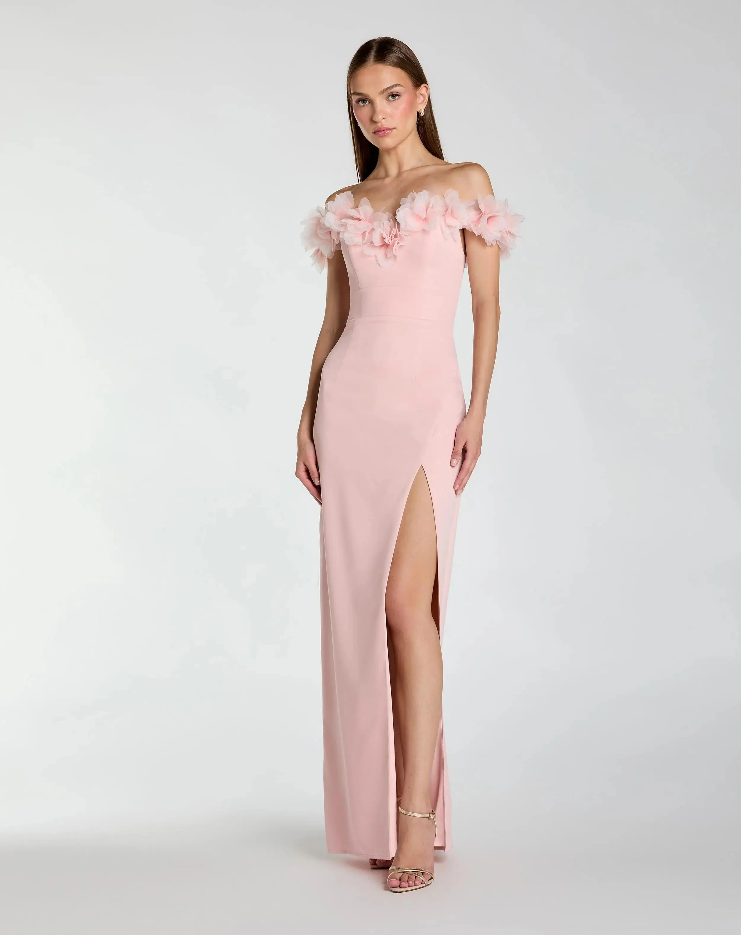 Dusty Rose Off The Shoulder Column Gown With 3D Flowers - 1