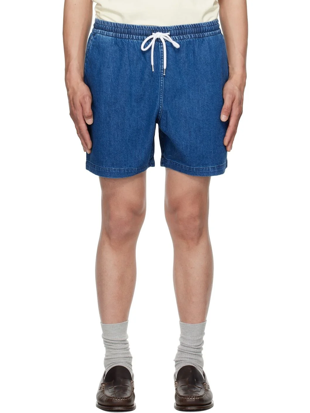 Blue Cotton Drawstring Denim Shorts - 1