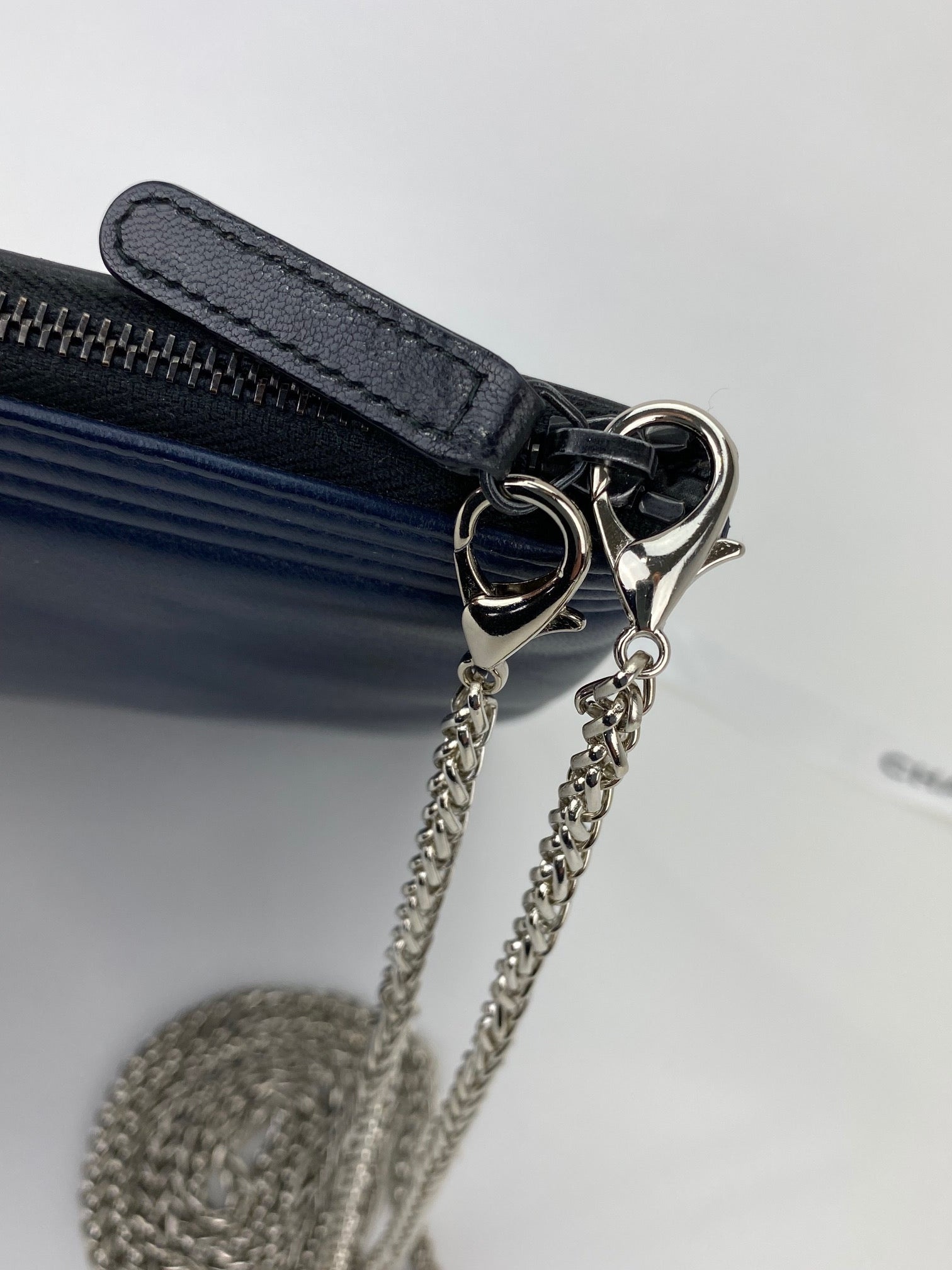 Chanel Quilted Lambskin Leather Black Blue Large Boy Zip Pouch Added Chain - 9