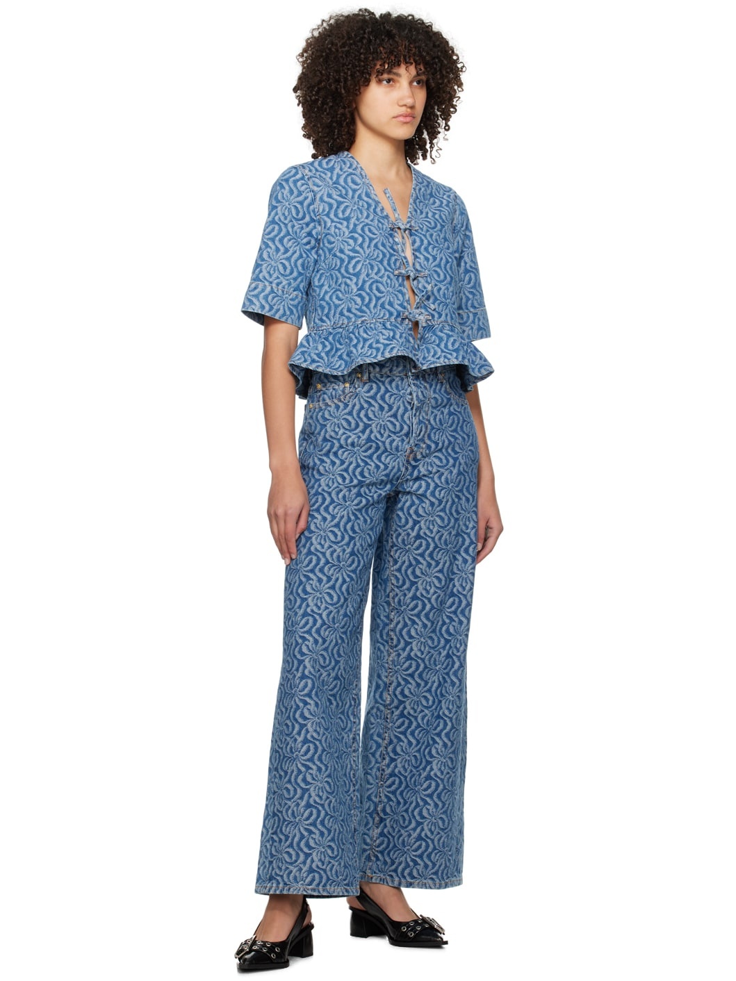 Blue Jacquard Denim Blouse - 4