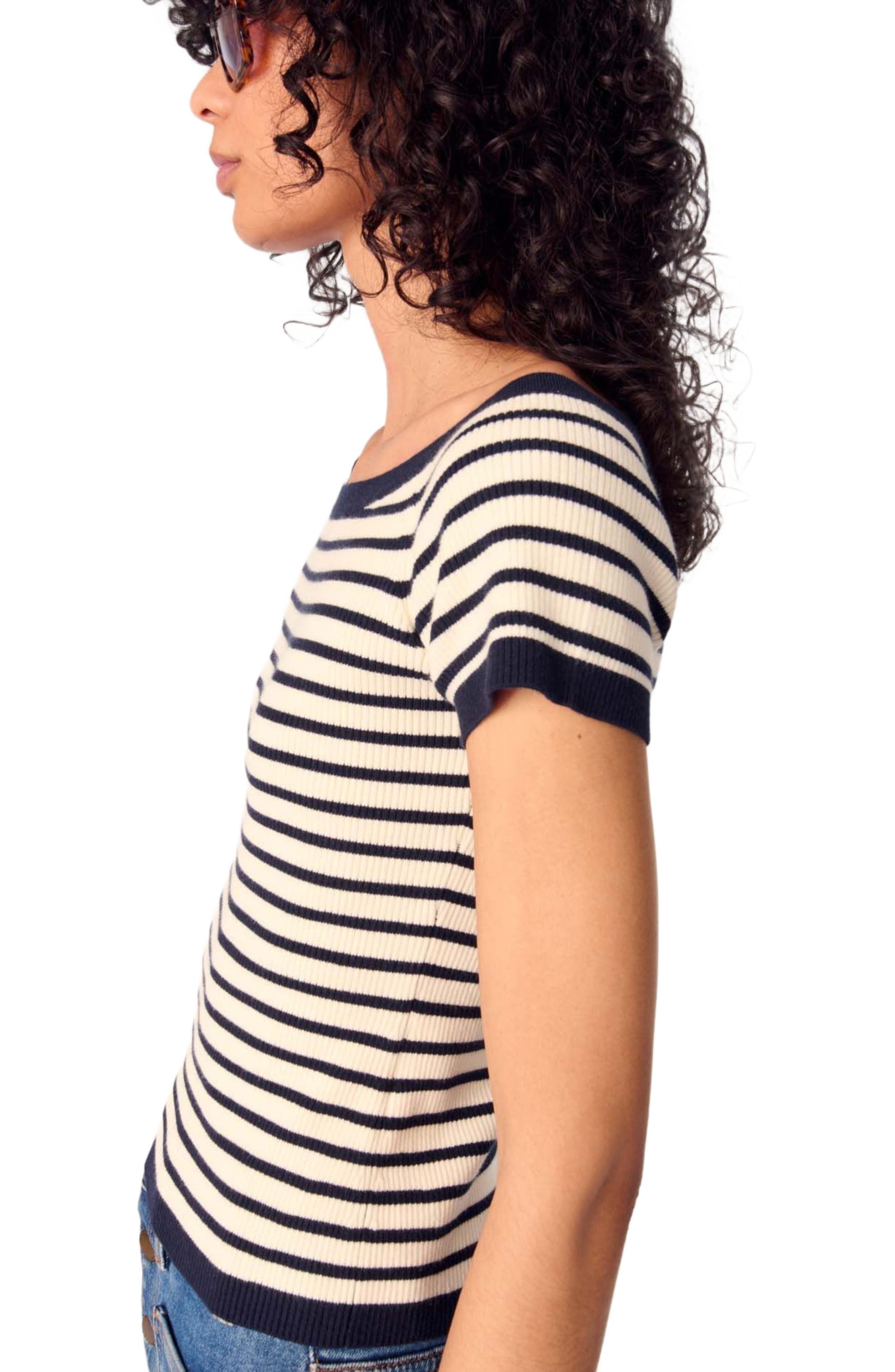 maje Rib knit short sleeve boat neck top in Navy /Ecru at Nordstrom - 7