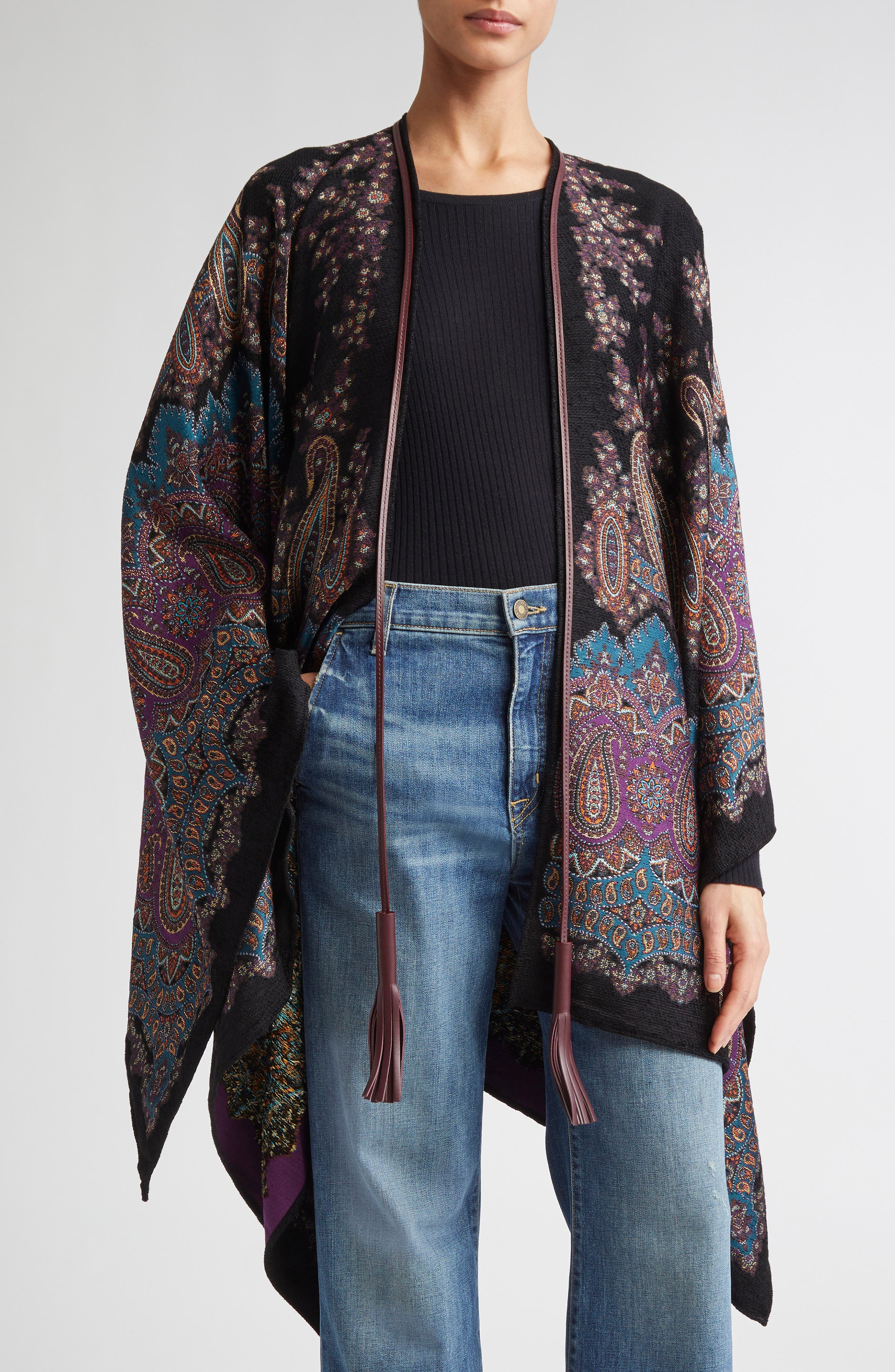 Etro Metallic Paisley Jacquard Cape in X0886 Print On Blue Base at Nordstrom - 4