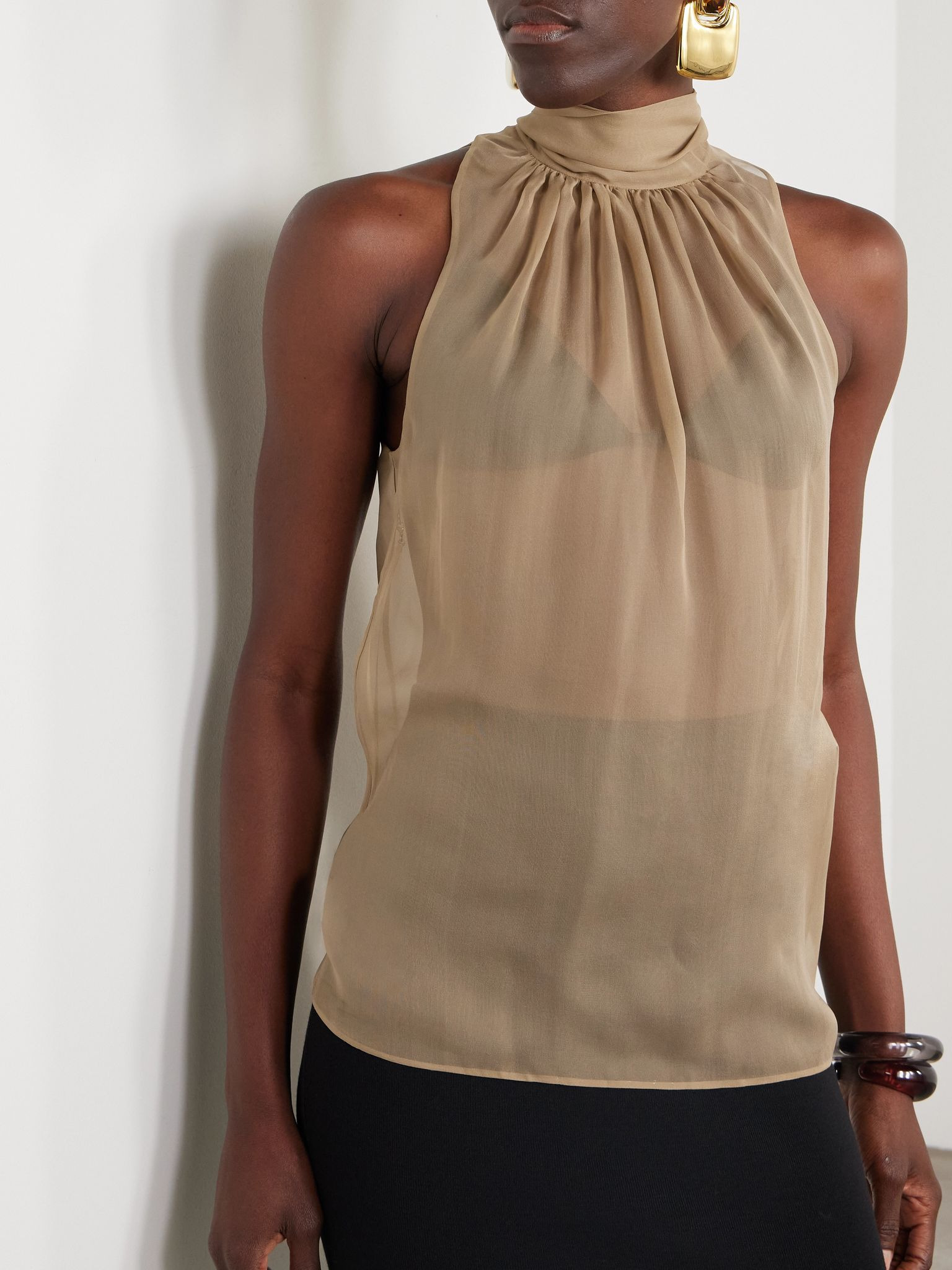 Gathered tie-detailed silk-chiffon blouse Beige - 3