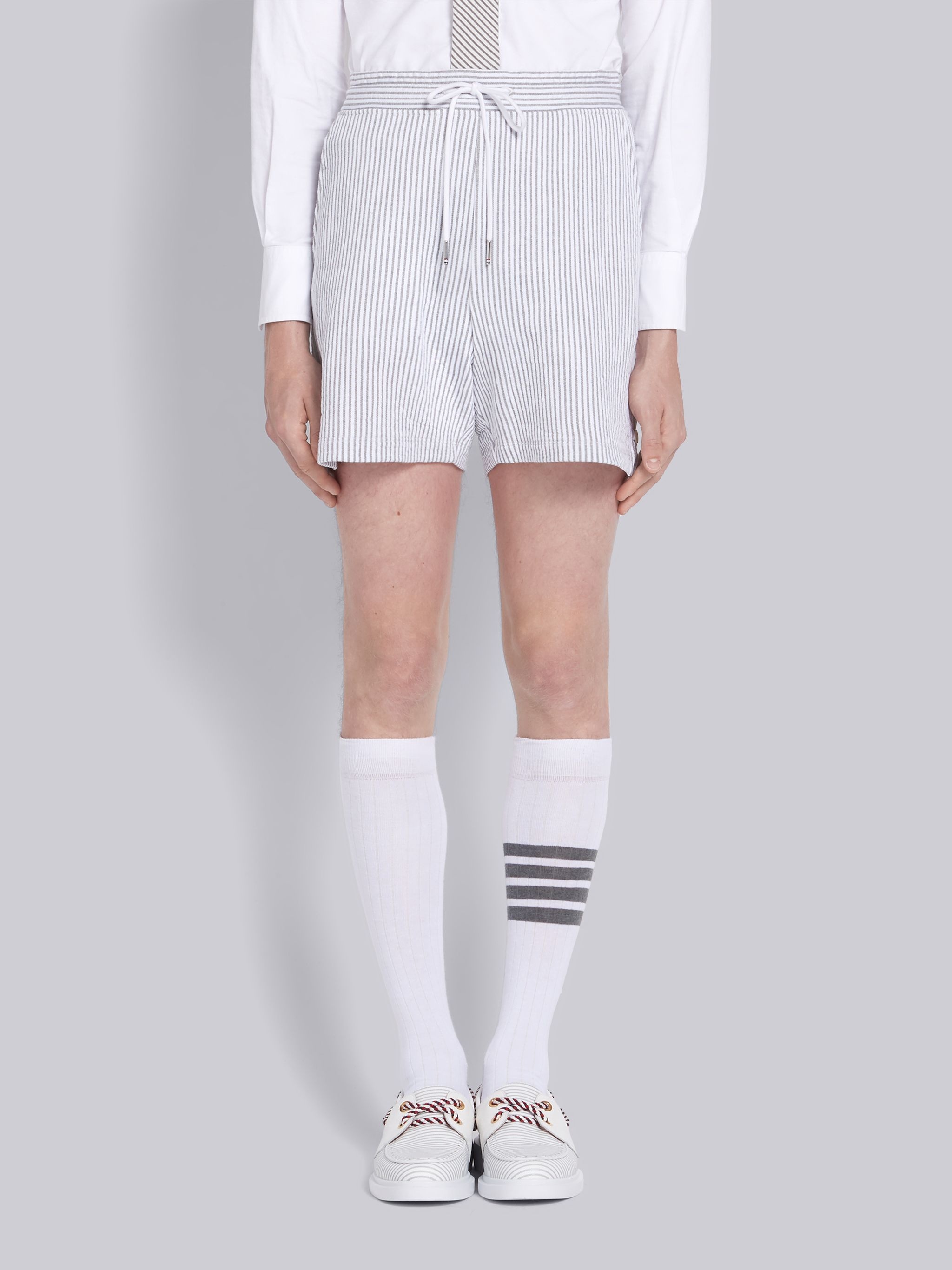 Light Grey Seersucker Stripe Mid-Thigh Shorts - 1