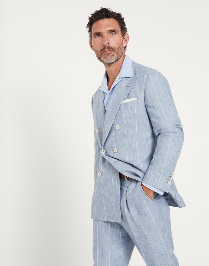 Linen wide chalk stripe one-and-a-half breasted deconstructed blazer with patch pockets 1