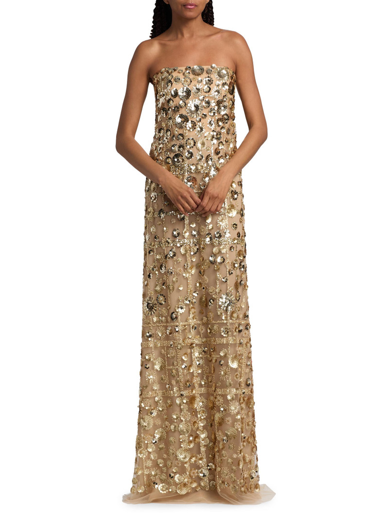 Women's Strapless Embellished Flower Column Gown - Gold 3