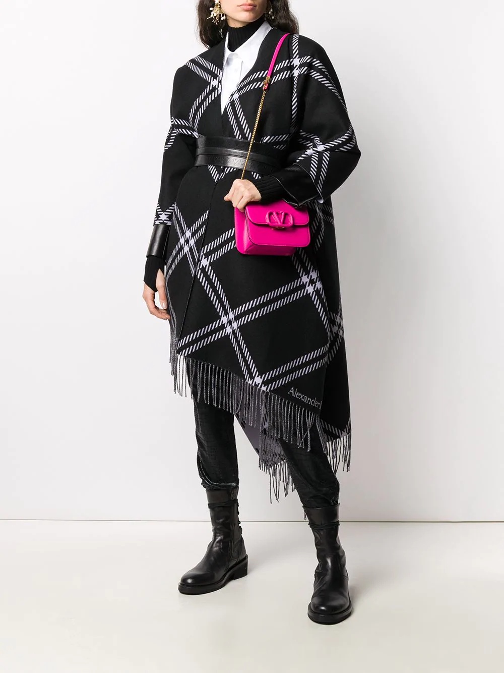 oversized checked fringed cape - 2