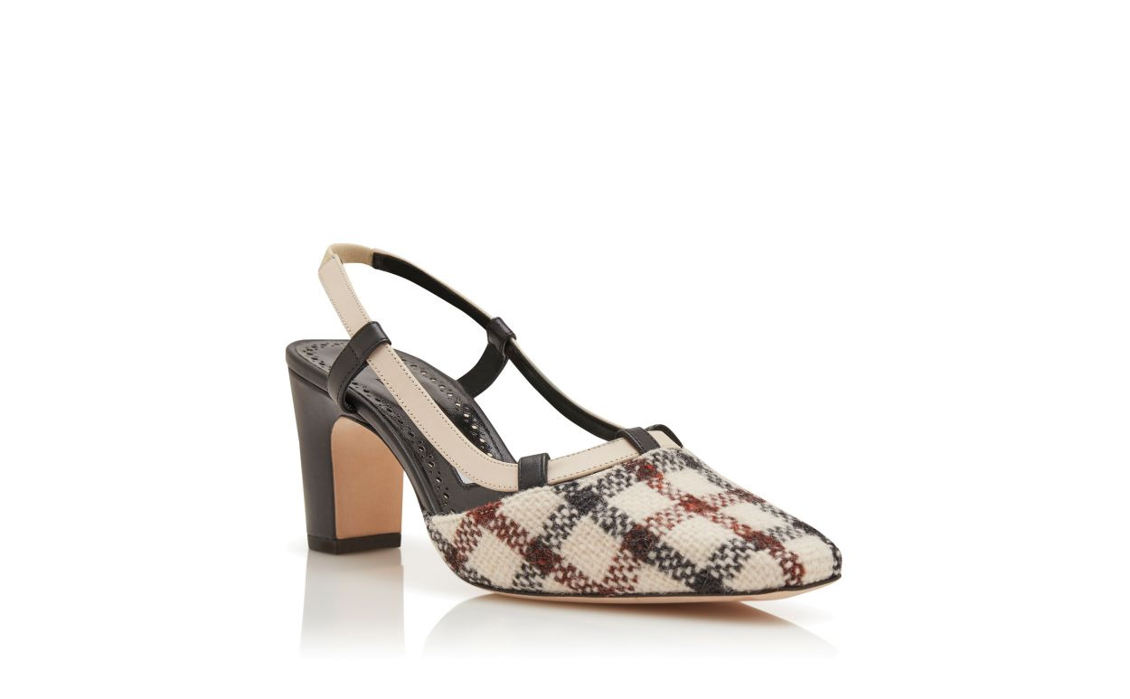 Light Beige Wool Tartan Slingback Pumps - 3
