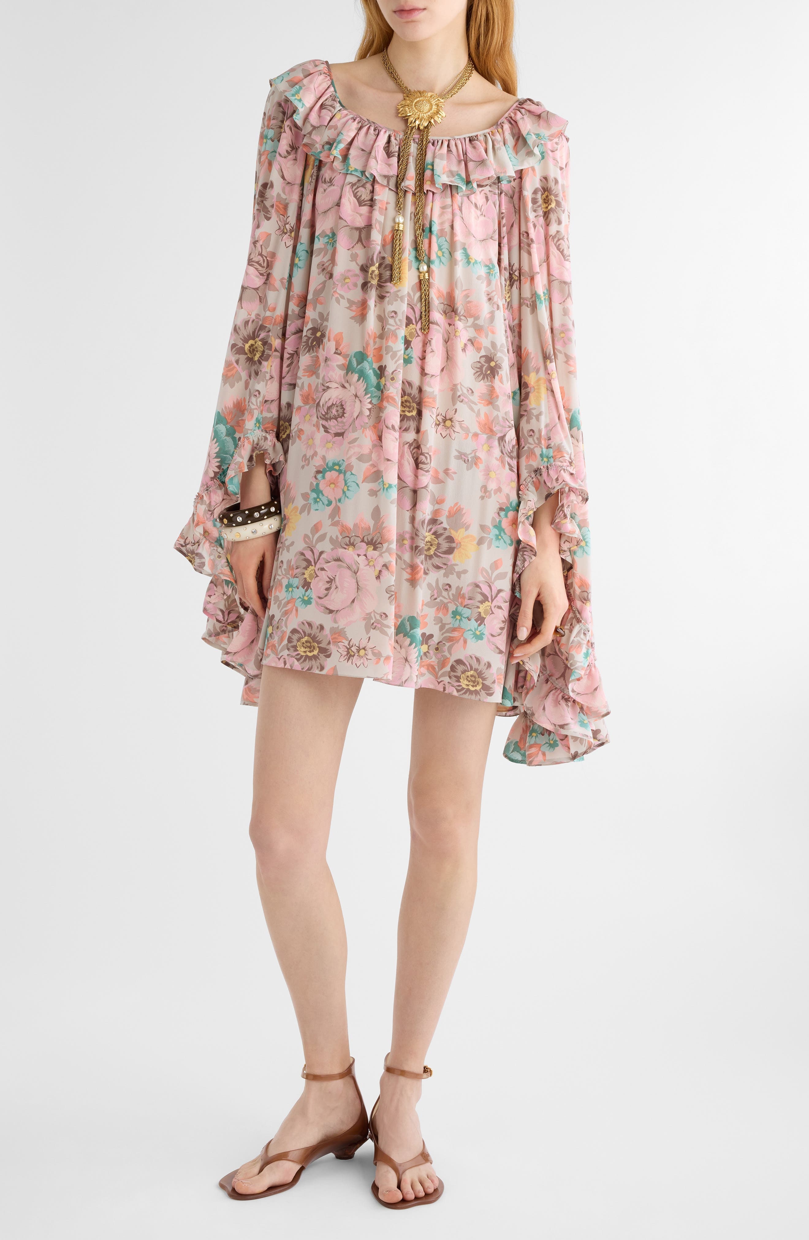 Chloé Bouquet Print Long Sleeve Silk Crêpe de Chine Minidress in Muddy Grey at Nordstrom - 1
