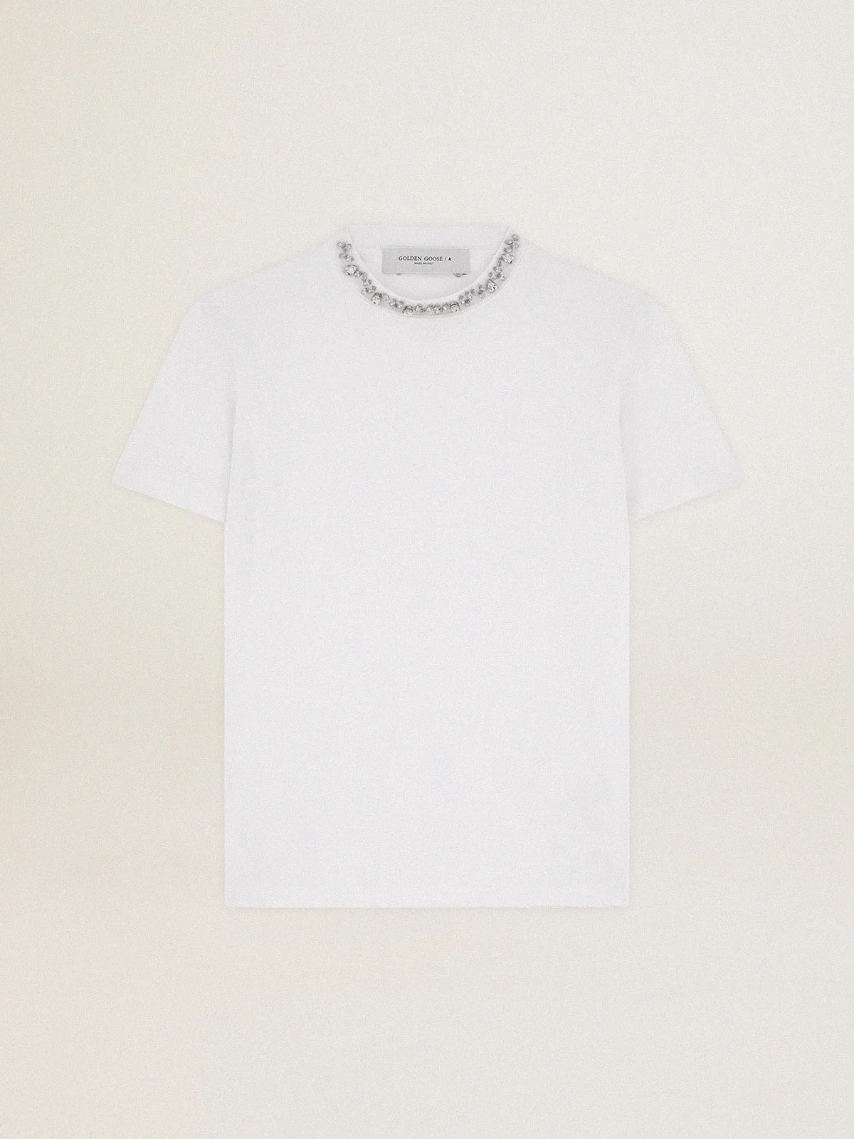 Women's white T-shirt with cabochon crystals - 1