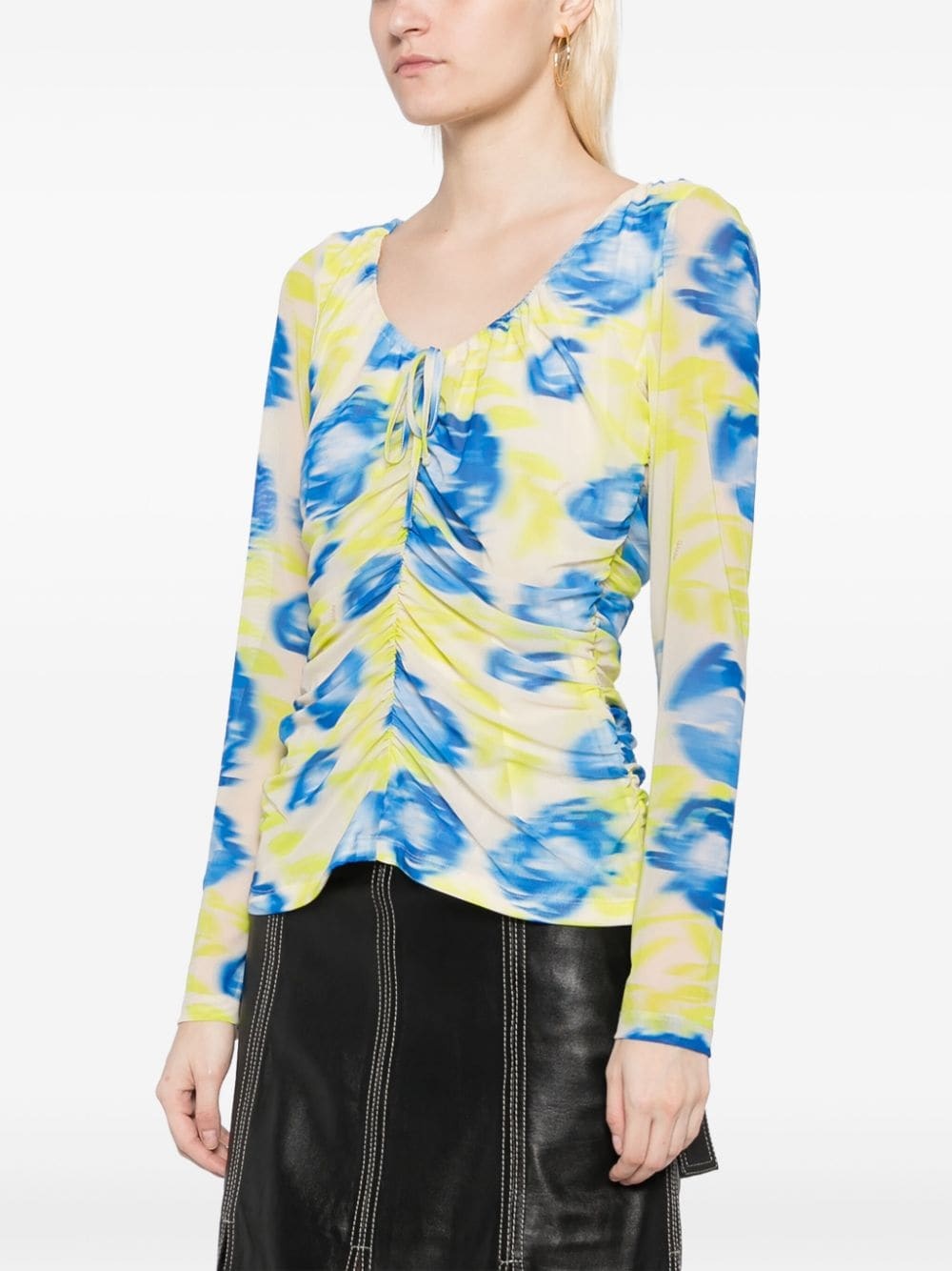 floral-print ruched mesh top - 3