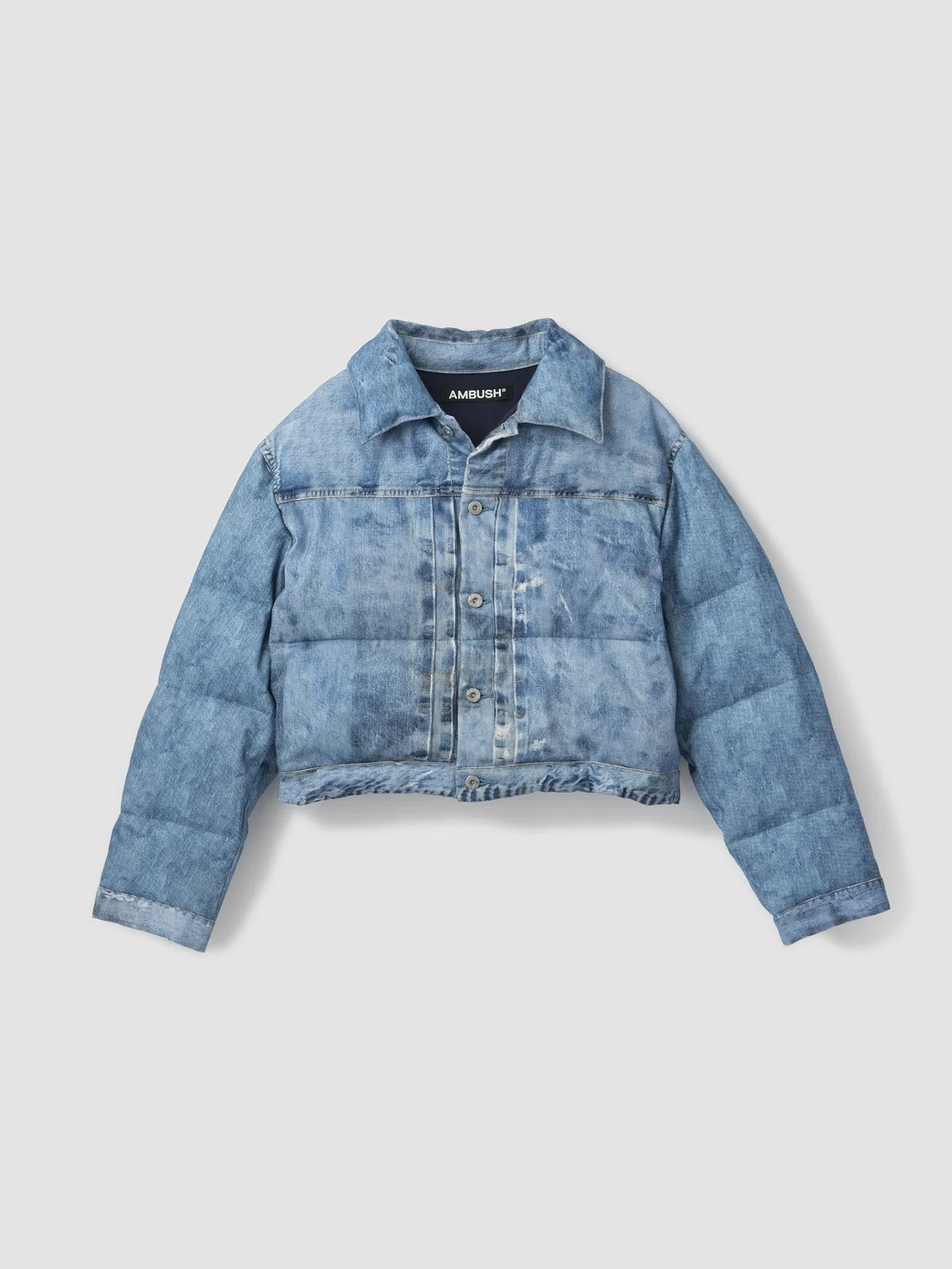CROPPED DIGITAL PRINT DENIM PUFFER JACKET - 1