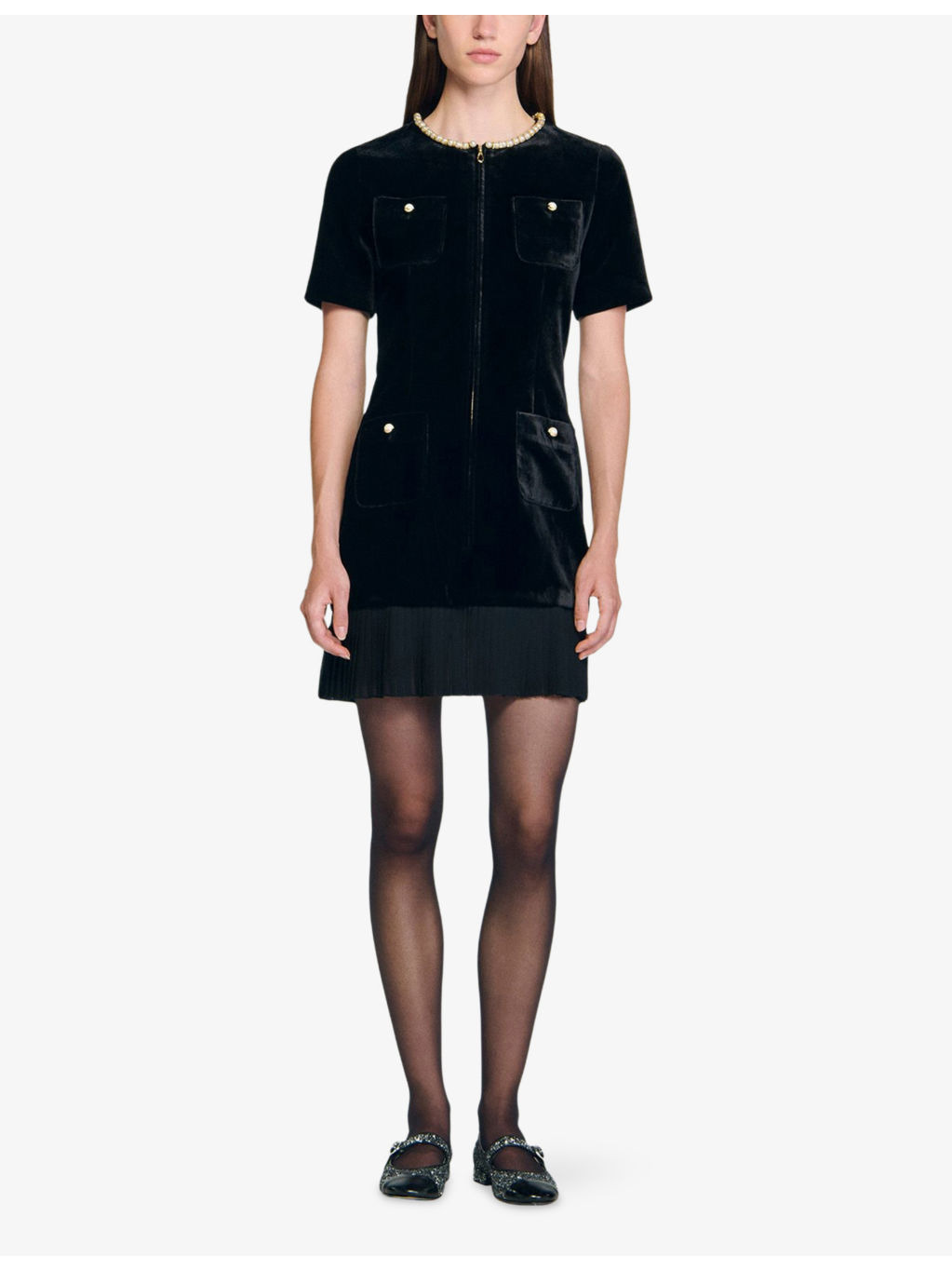 Pearl-Embellished Pleated-Hem Velvet Mini Dress - 5