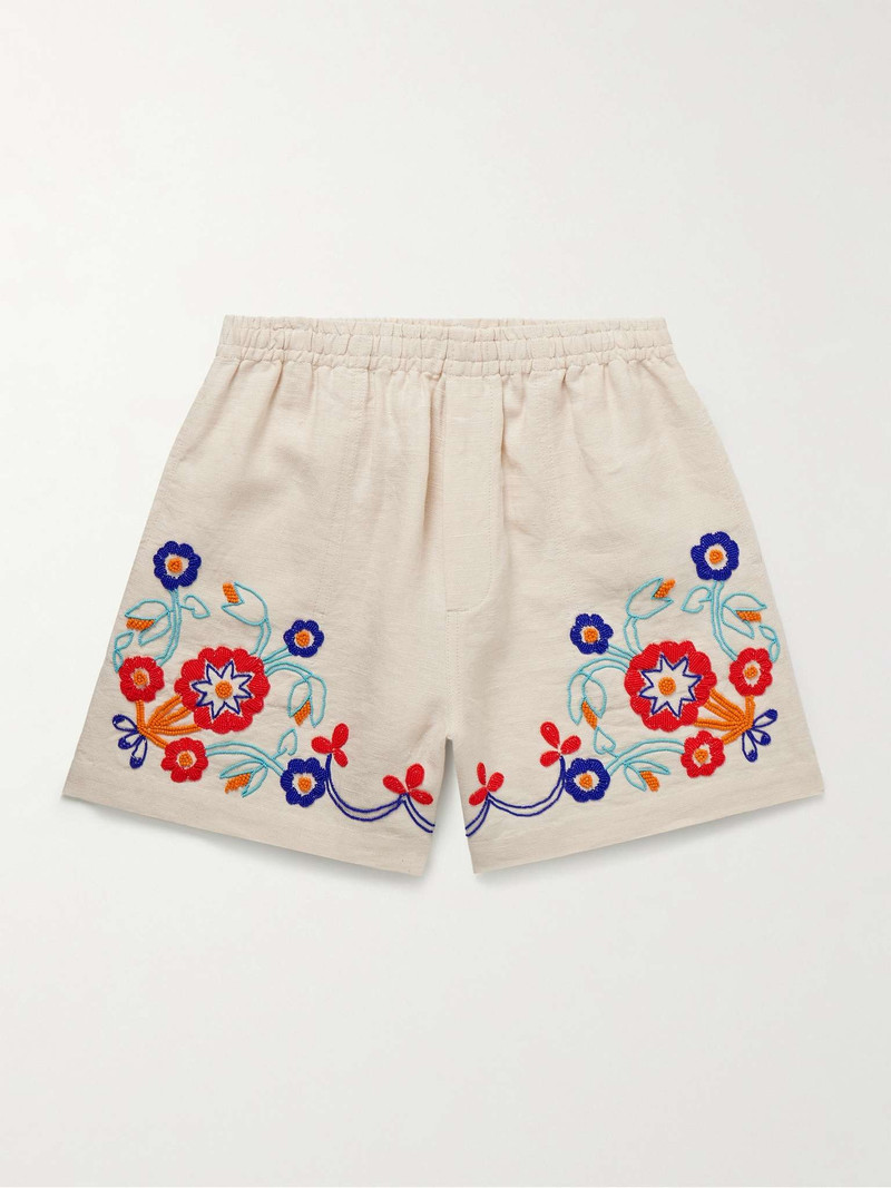 Garden Party Straight-Leg Bead-Embellished Linen Shorts - 1