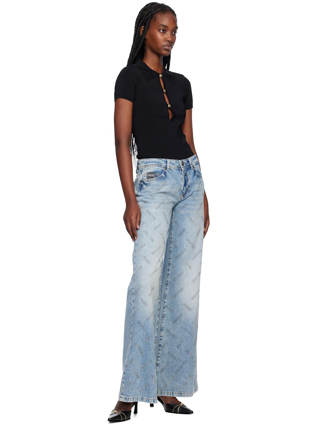 Blue Crystal Logo Flared Jeans - 4