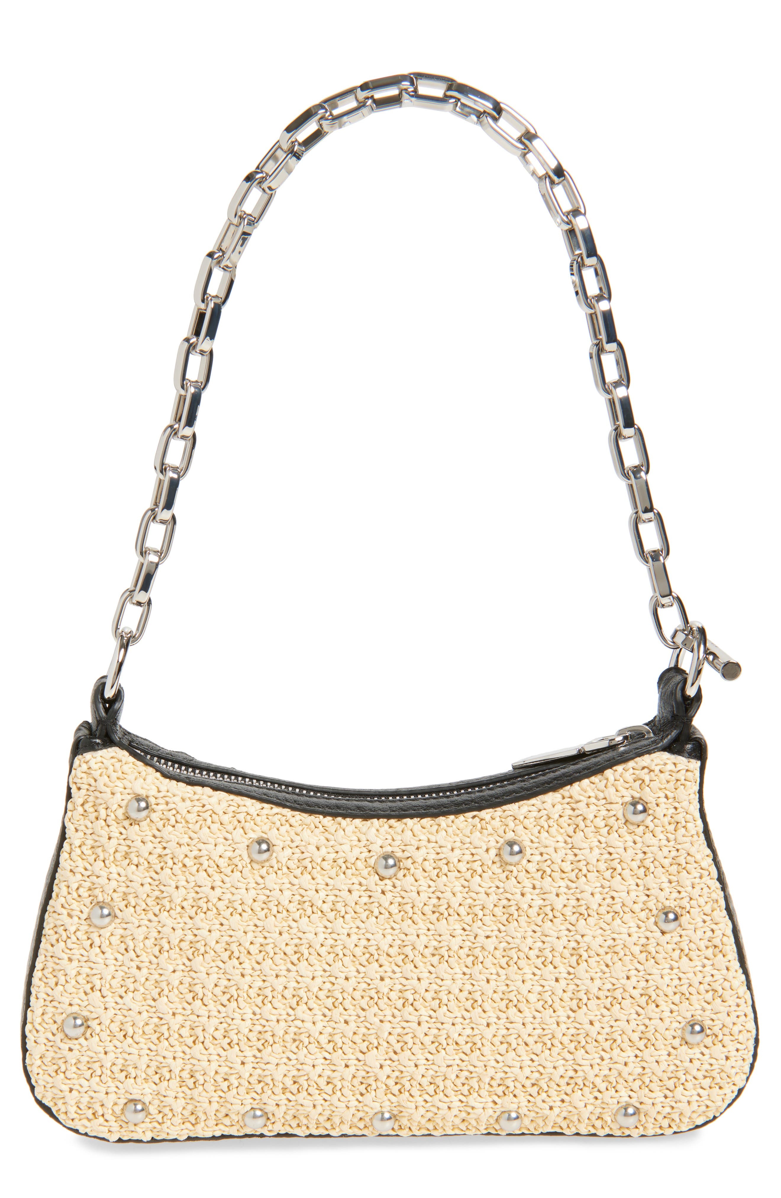 McQueen Mini T-Bar Studded Faux Raffia Pouch in Natural/Black/Silver at Nordstrom - 4