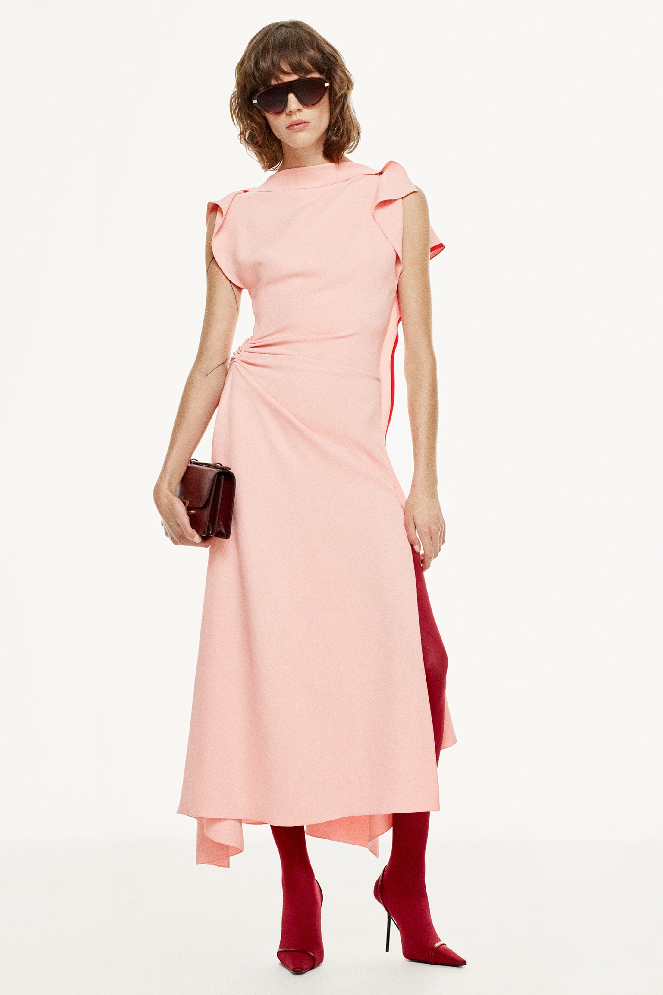 Drape Sleeve Midi Dress In Antique Pink - 3