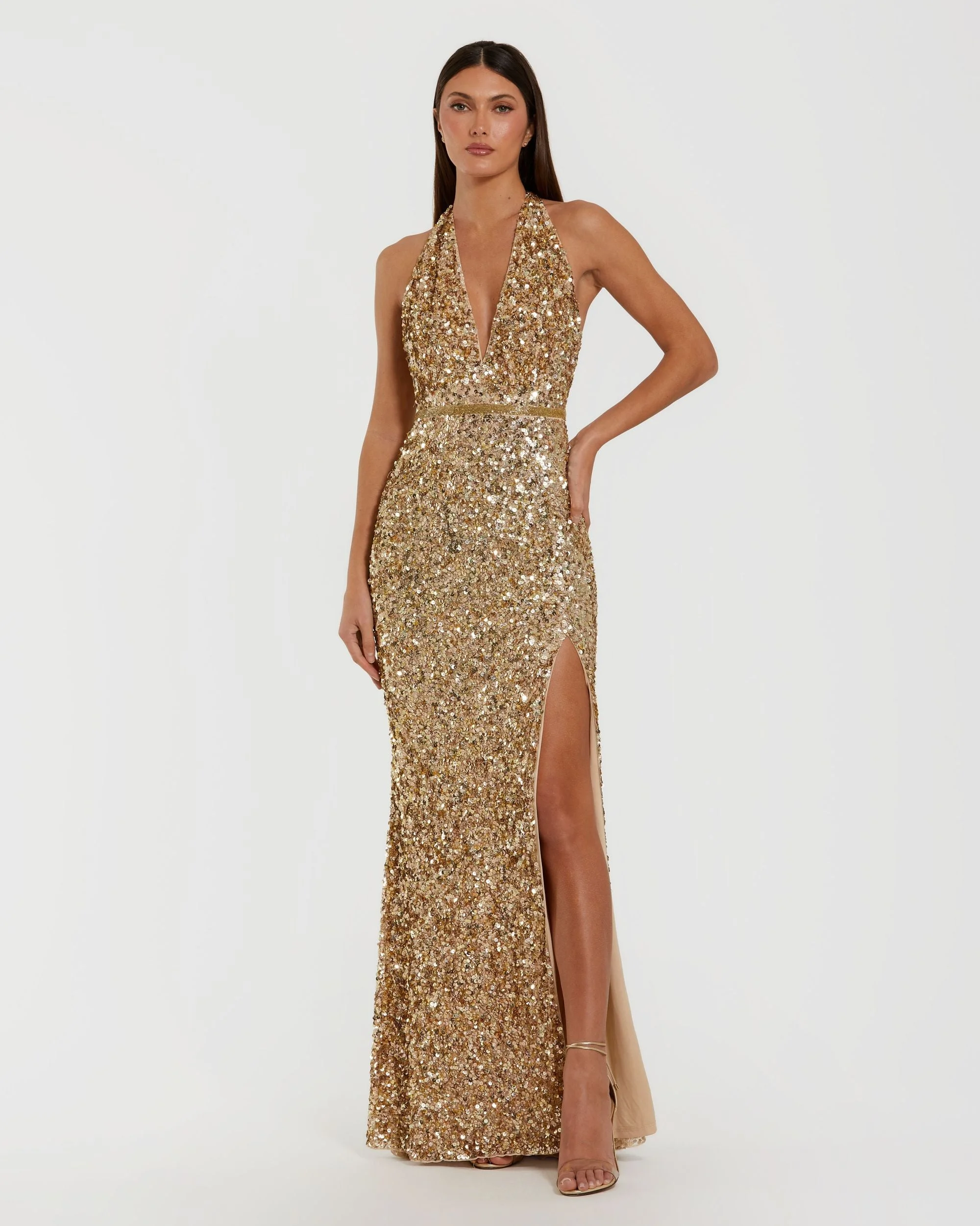 Gold Sequin Halter Column Gown - 1