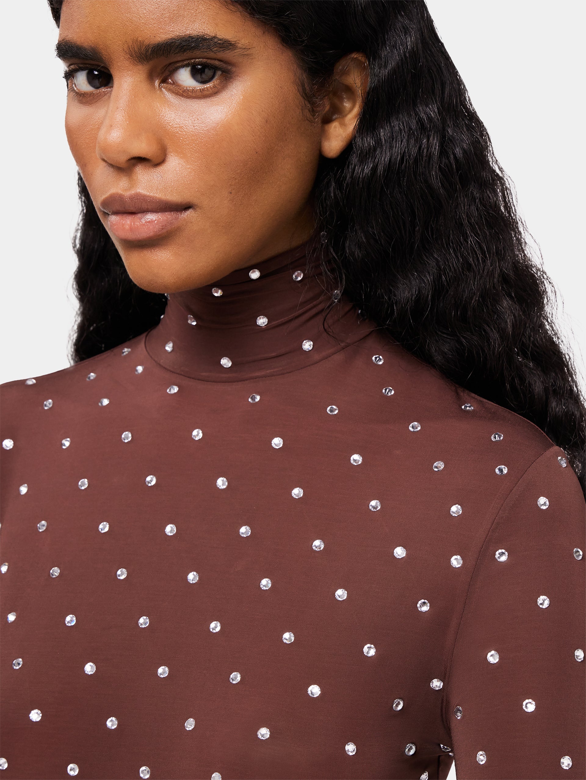 CRYSTALS-EMBELLISHED CHOCOLATE TURTLENECK TOP - 4