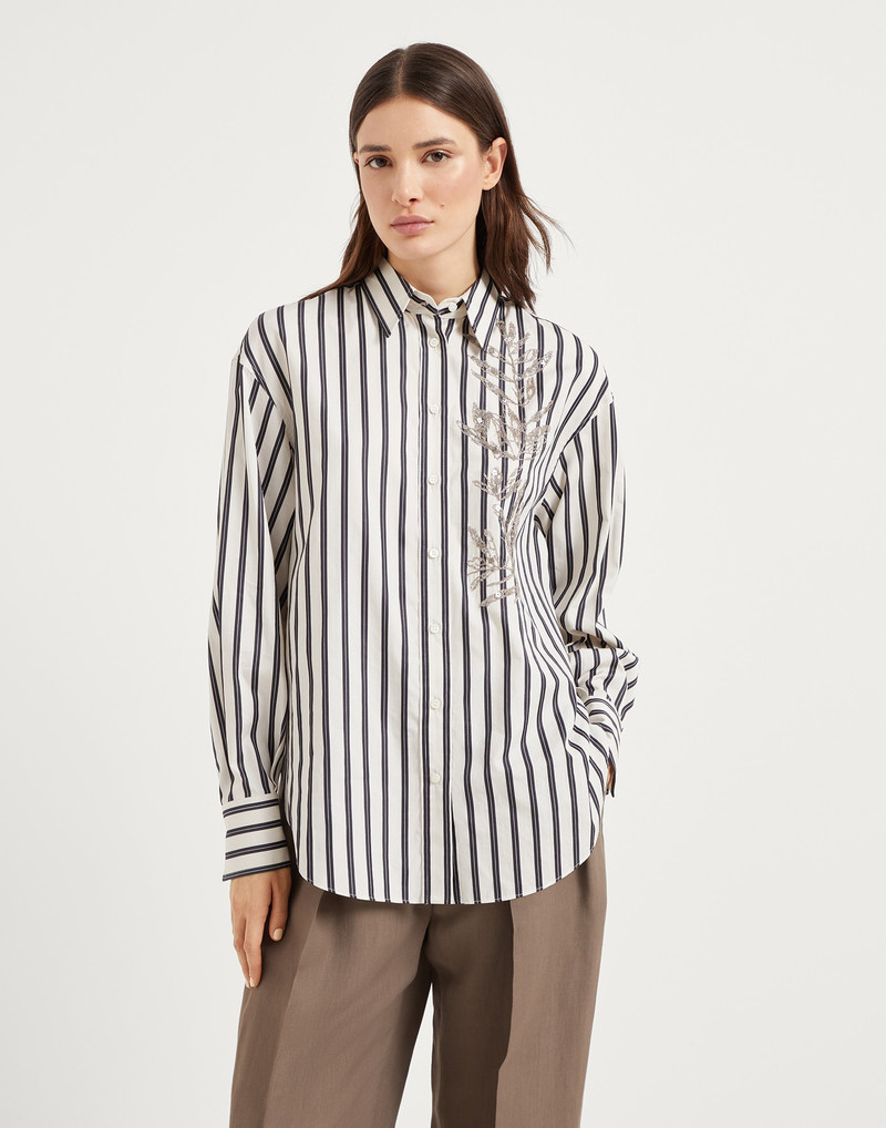 Regimental cotton and silk poplin shirt with glistening herbarium embroidery 1
