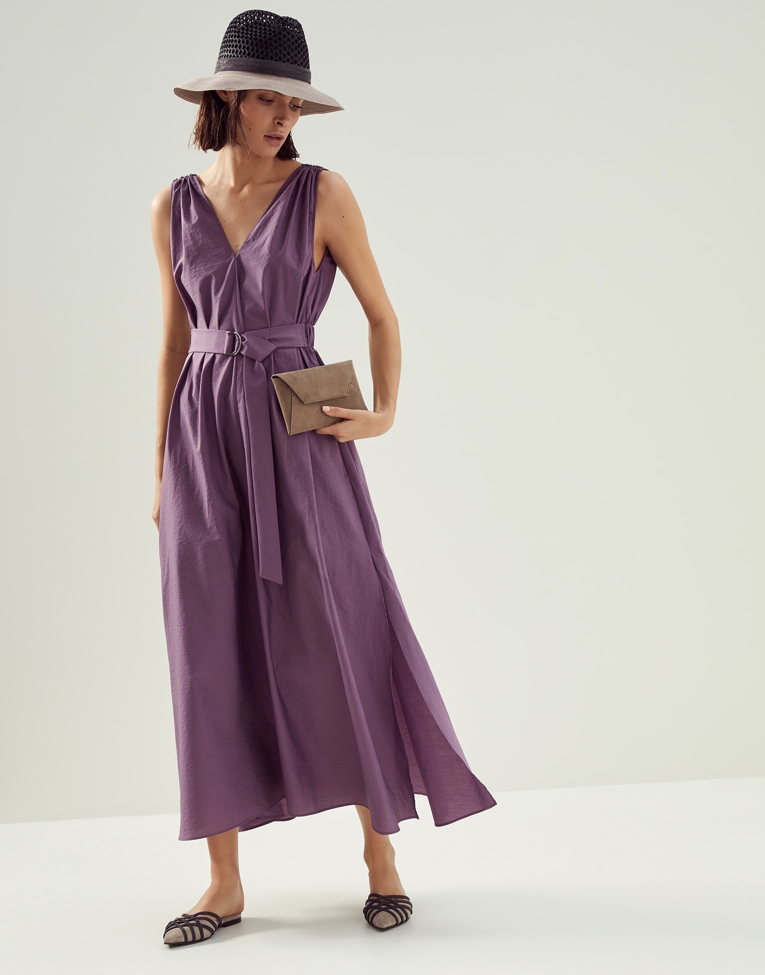 Techno cotton poplin belted dress with precious shoulder detail - 5
