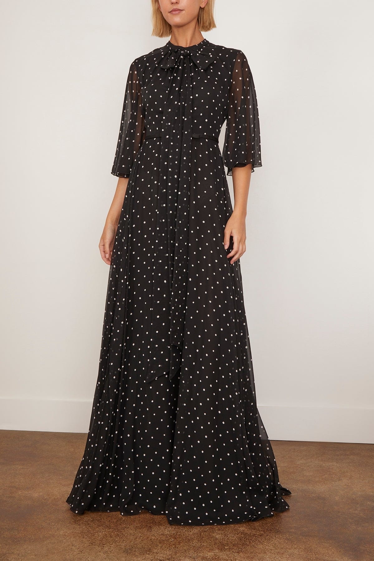 Long Silk White Polka Dots Dress in Black - 2