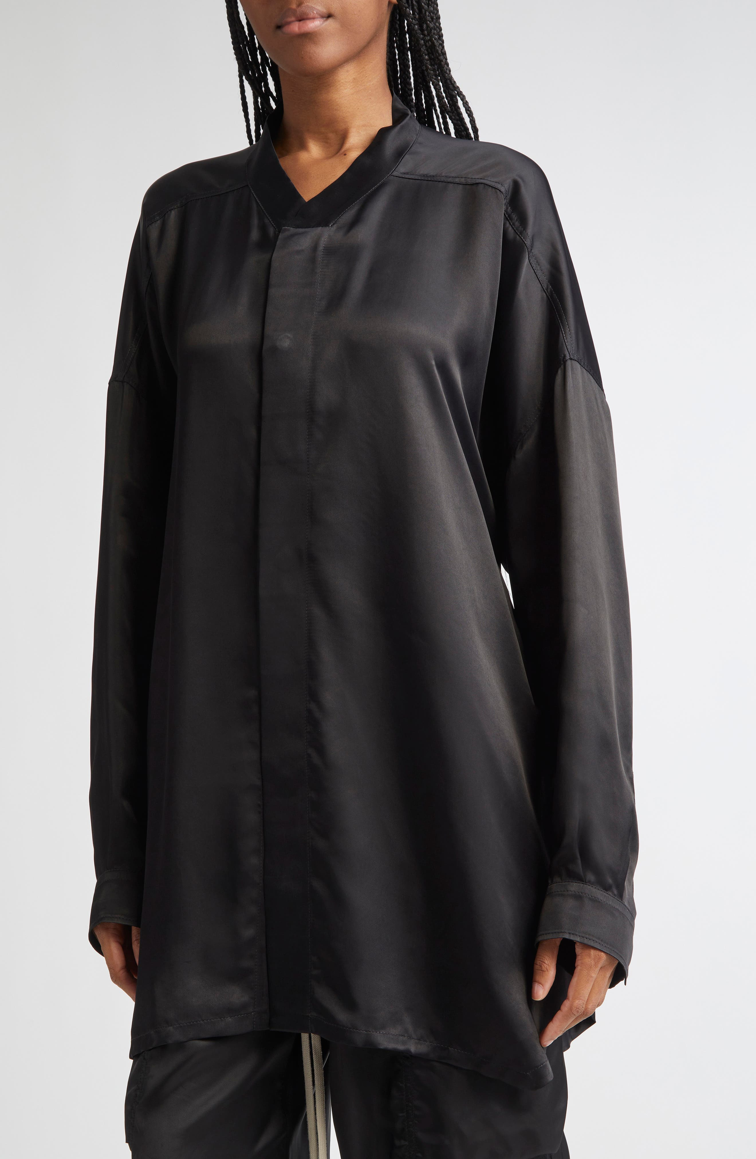 Rick Owens Long Sleeve Belted Satin Minidress in Black at Nordstrom - 6