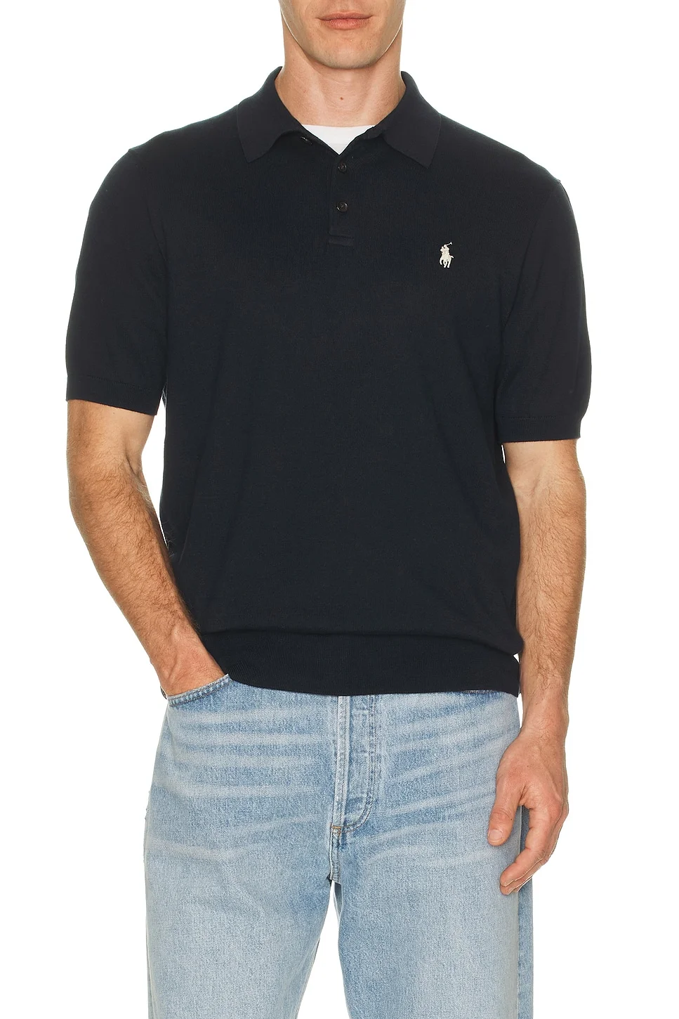 Short Sleeve Cotton Placket Pullover Sweater - 1