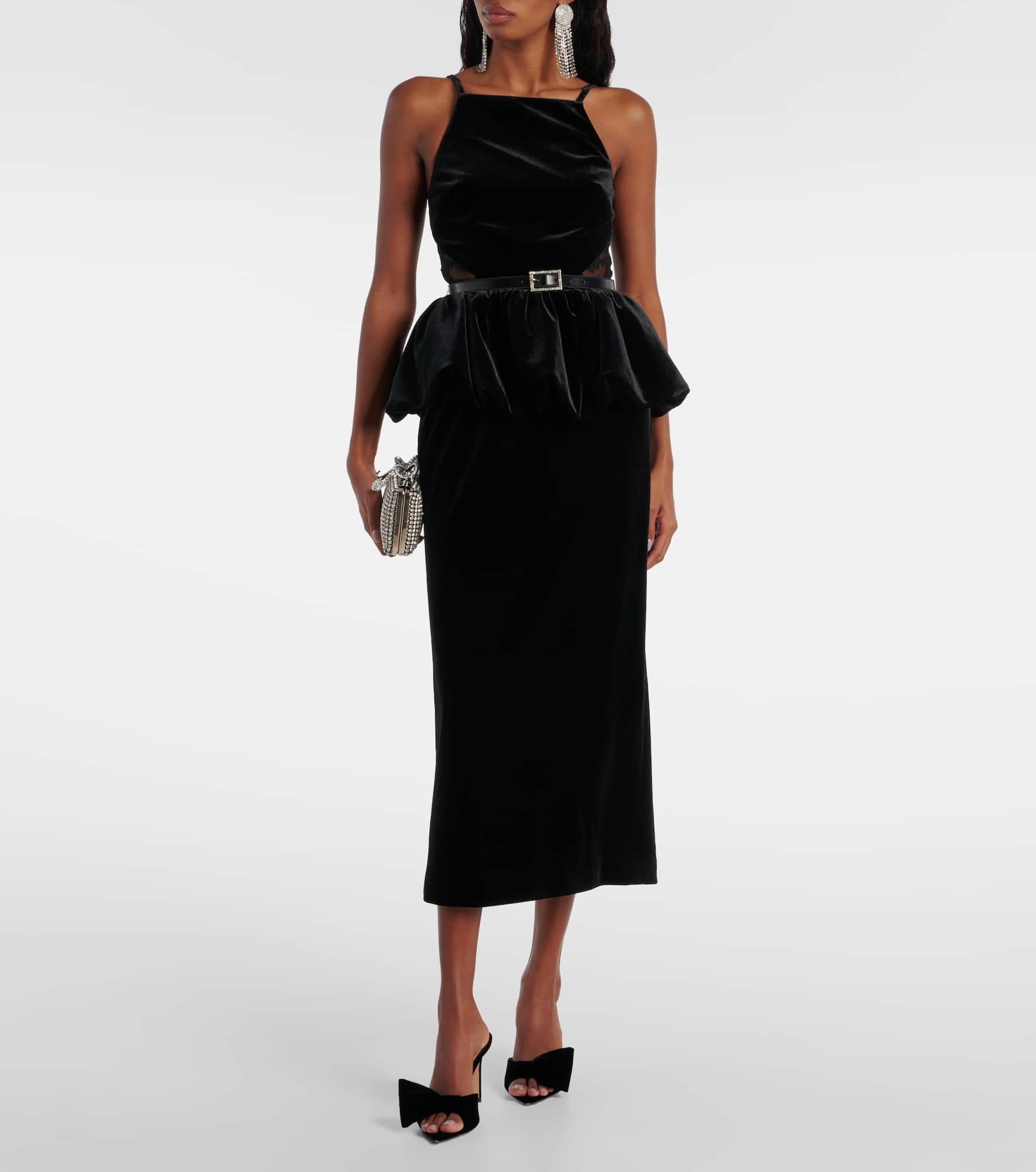 Belted lace-trimmed velvet midi dress - 2
