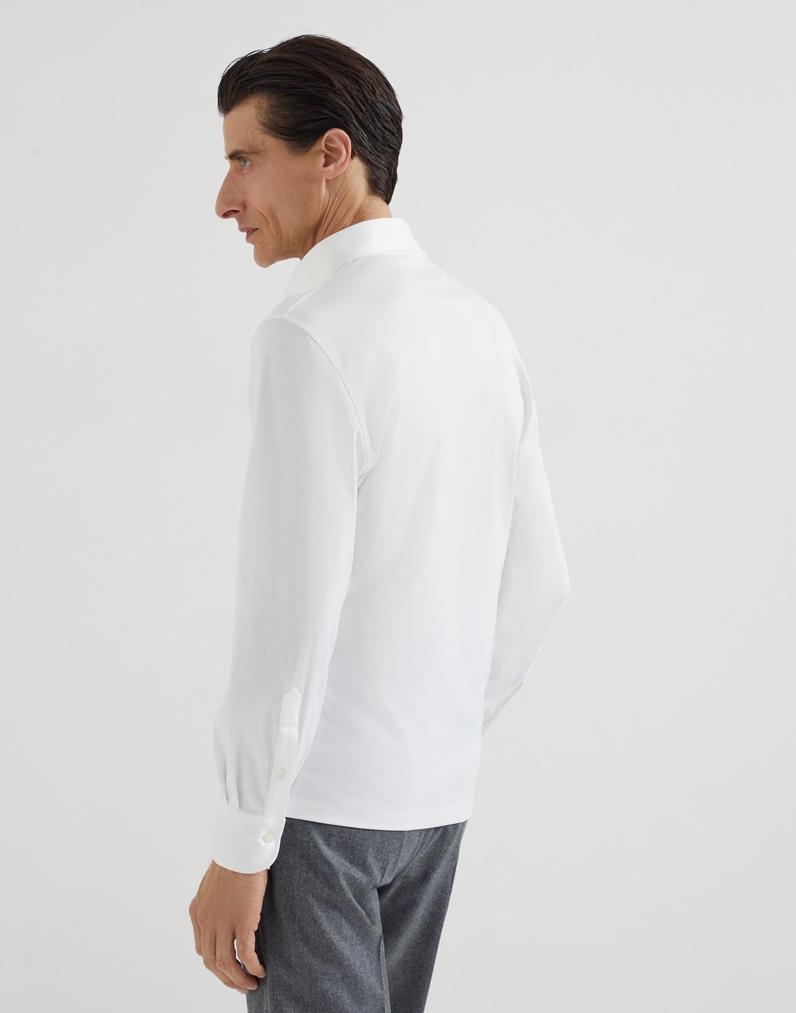 Cotton jersey long sleeve polo with shirt-style collar - 2