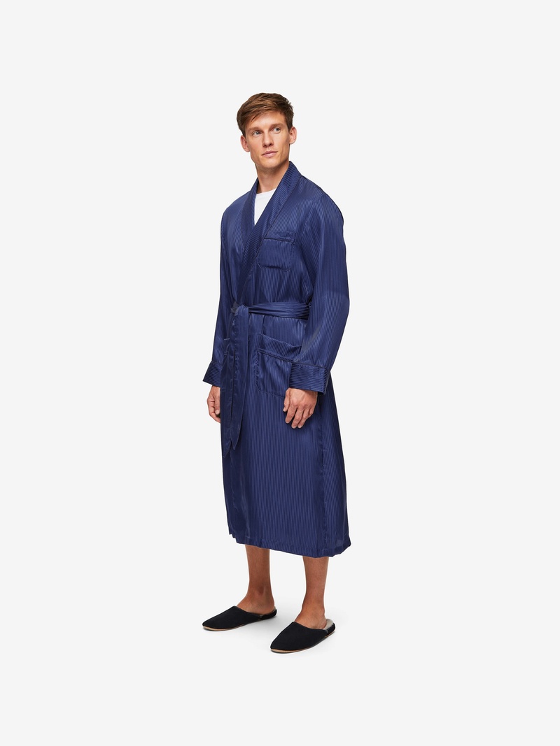 Men's Dressing Gown Woburn 8 Silk Satin Navy - 3
