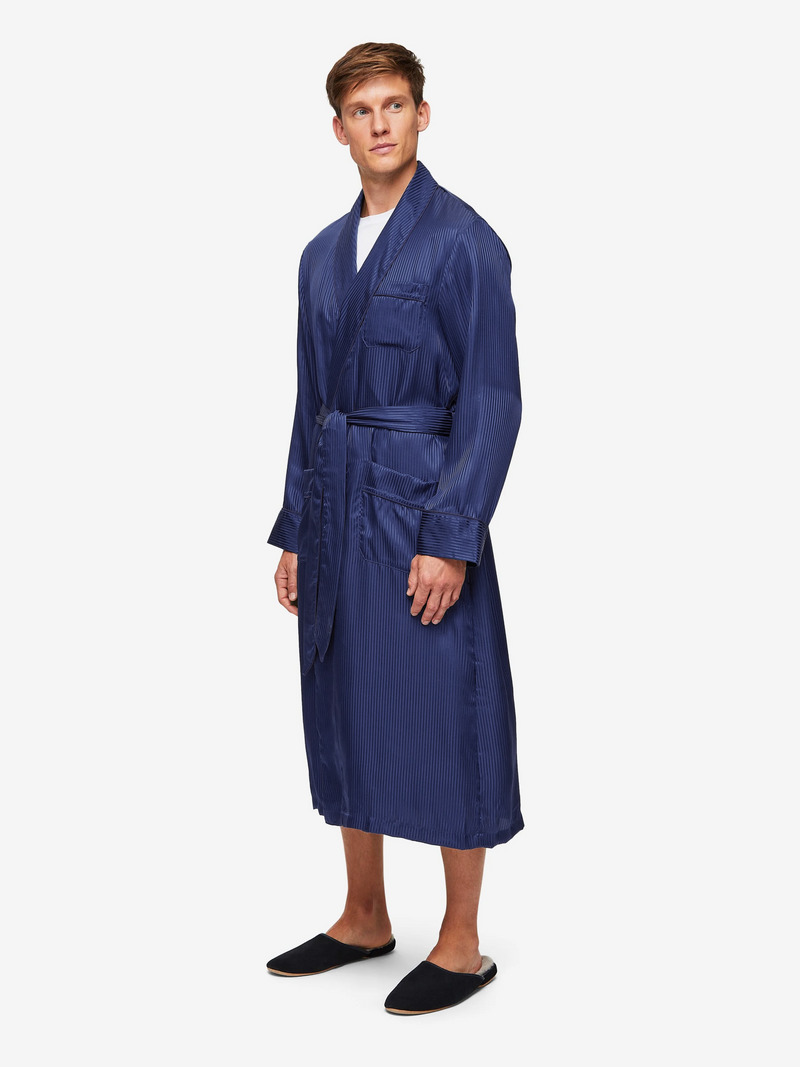 Men's Dressing Gown Woburn 8 Silk Satin Navy - 3