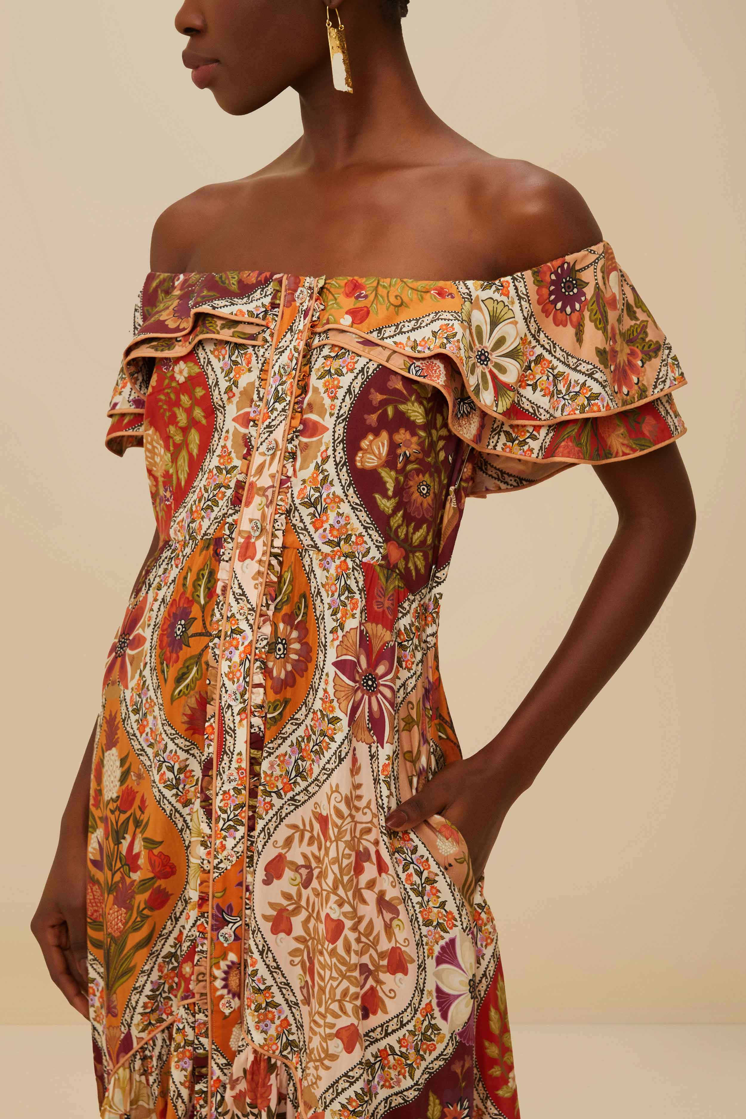 Multicolor Romantic Nature Off-Shoulder Maxi Dress - 3