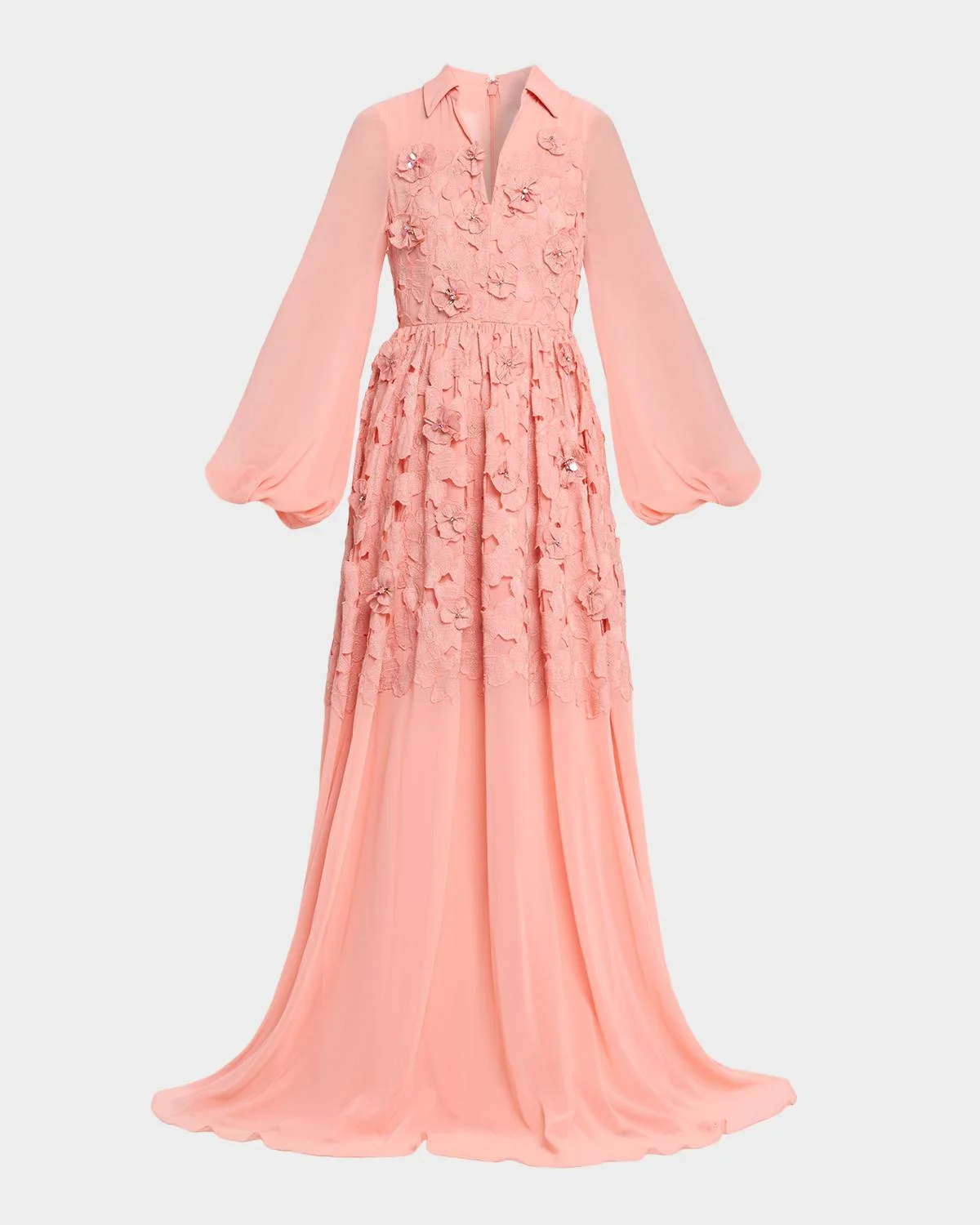 Blouson-Sleeve Floral Lace Georgette Gown - 1