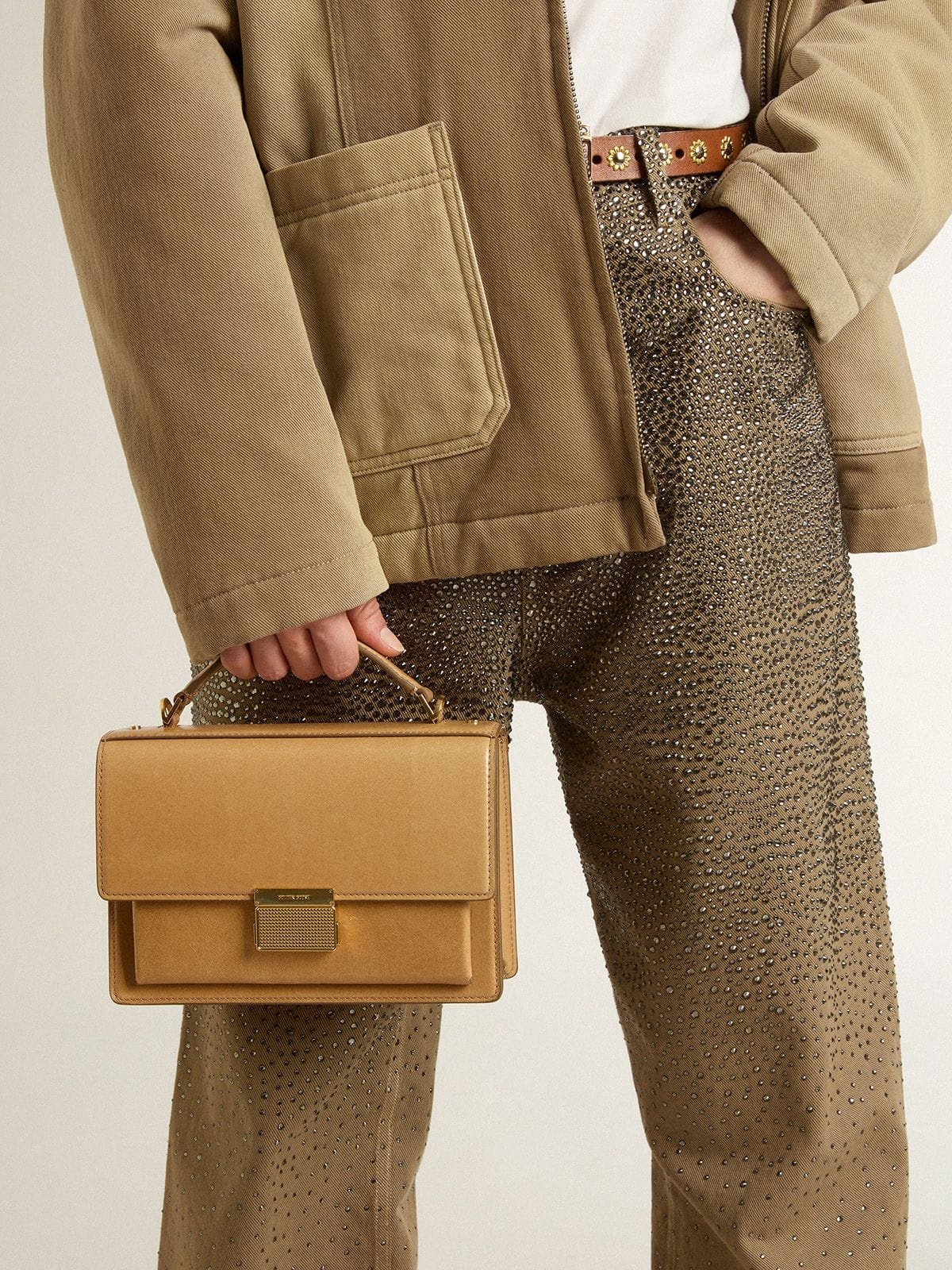 Venezia Bag in ochre yellow embossed leather with gold details - 3