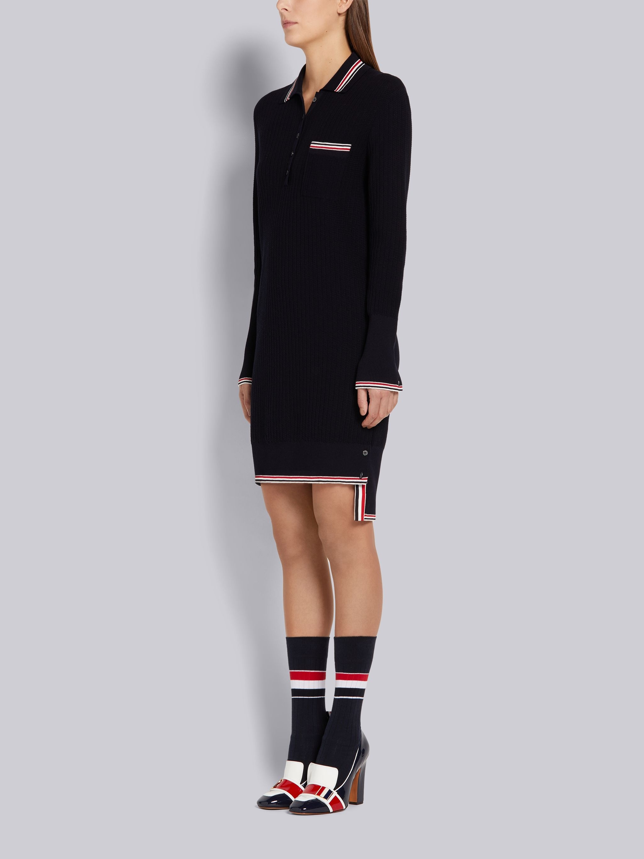 Navy Overtwisted Cotton Textured Stitch Stripe Long-sleeved Polo Dress - 2