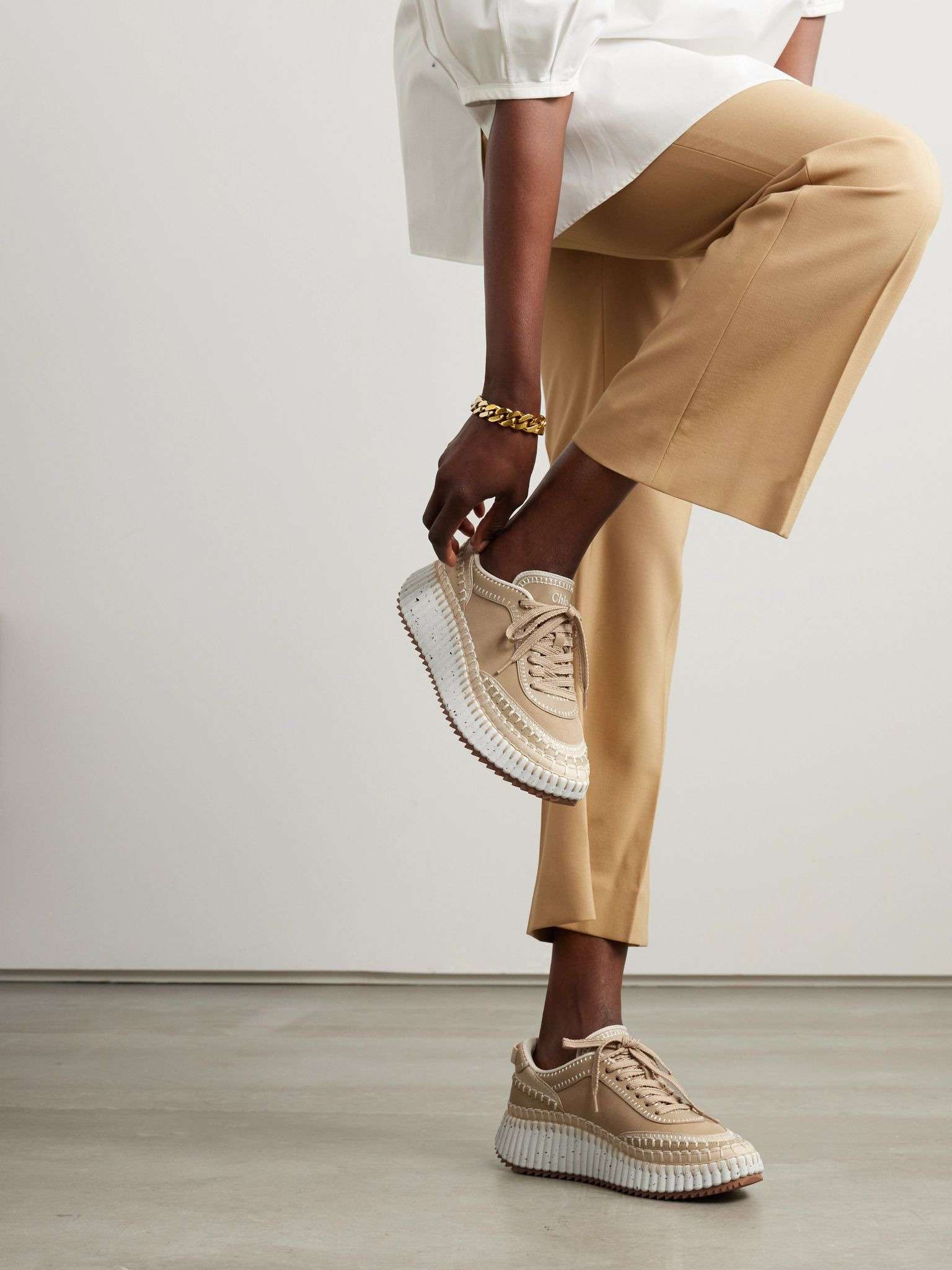 Nama embroidered suede and recycled-mesh sneakers Beige - 2