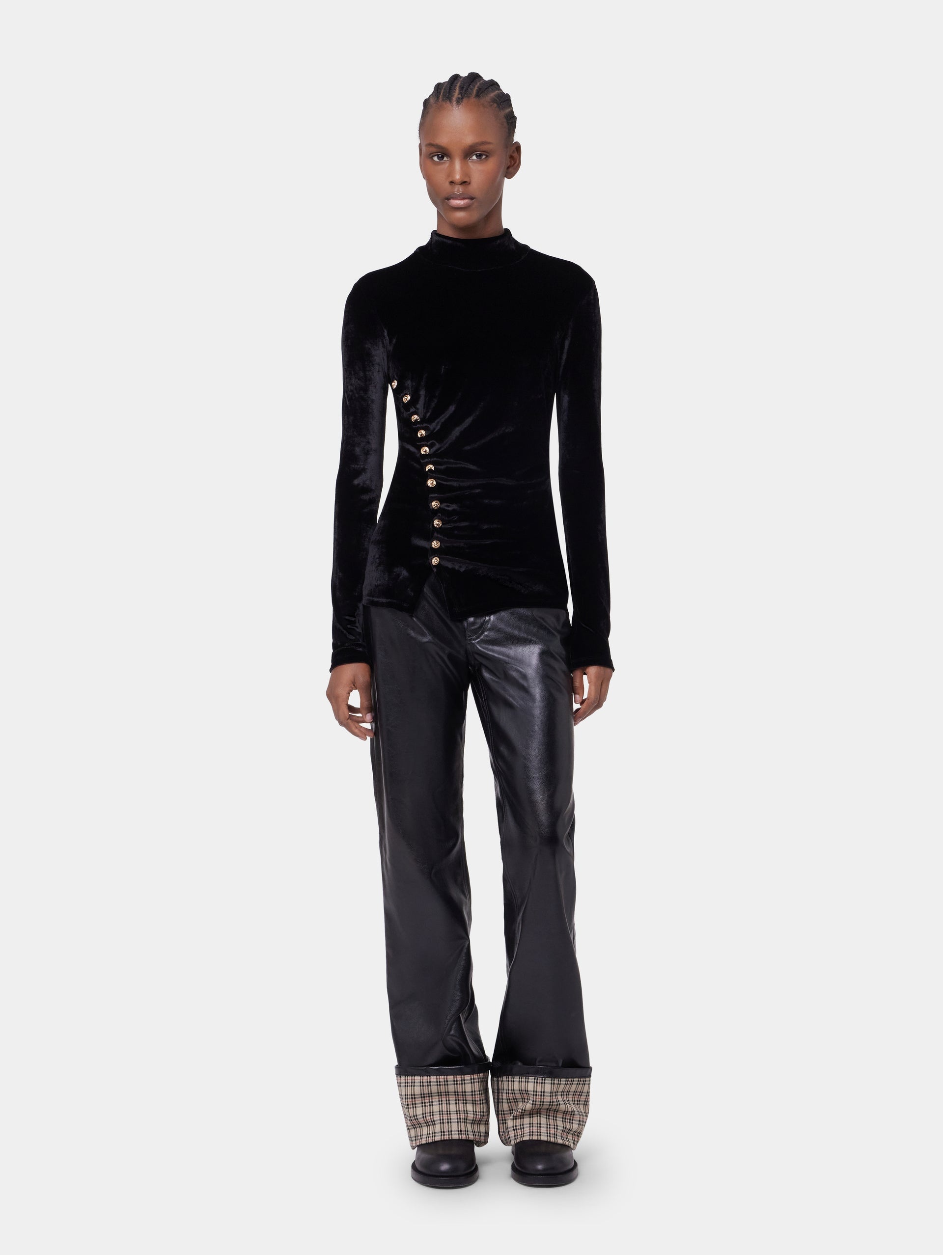 BLACK LONG-SLEEVED DRAPE TOP IN VELVET - 2