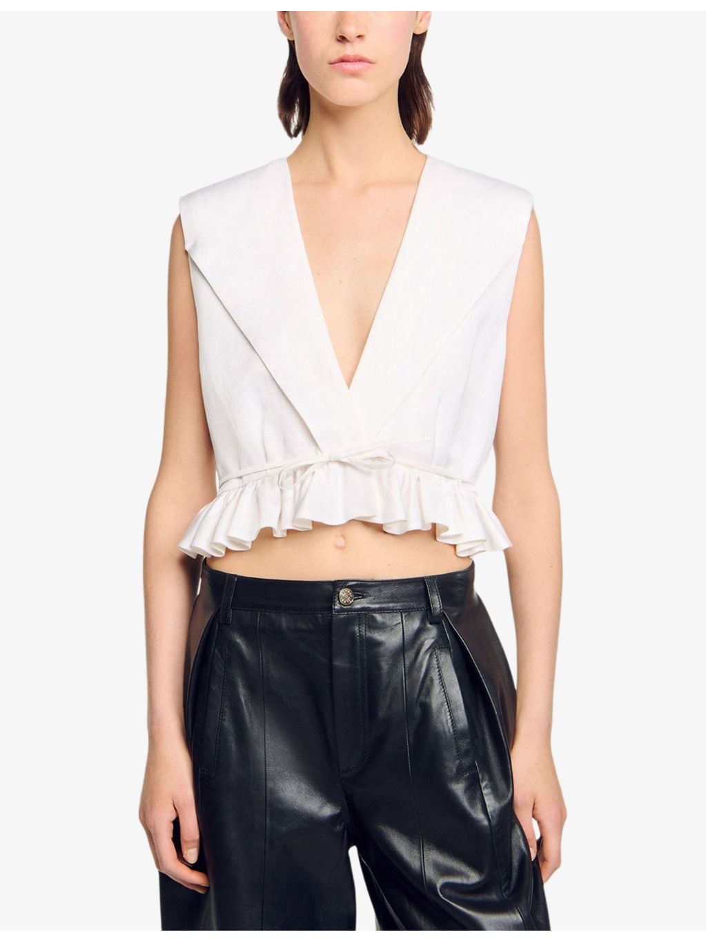 V-Neck Ruffle-Hem Cropped Linen-Blend Top - 3