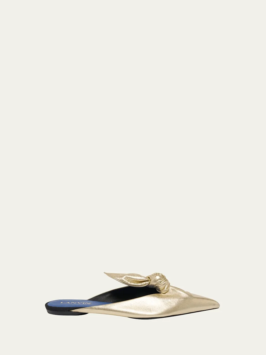 Metallic Leather Bow Flat Mules - 1