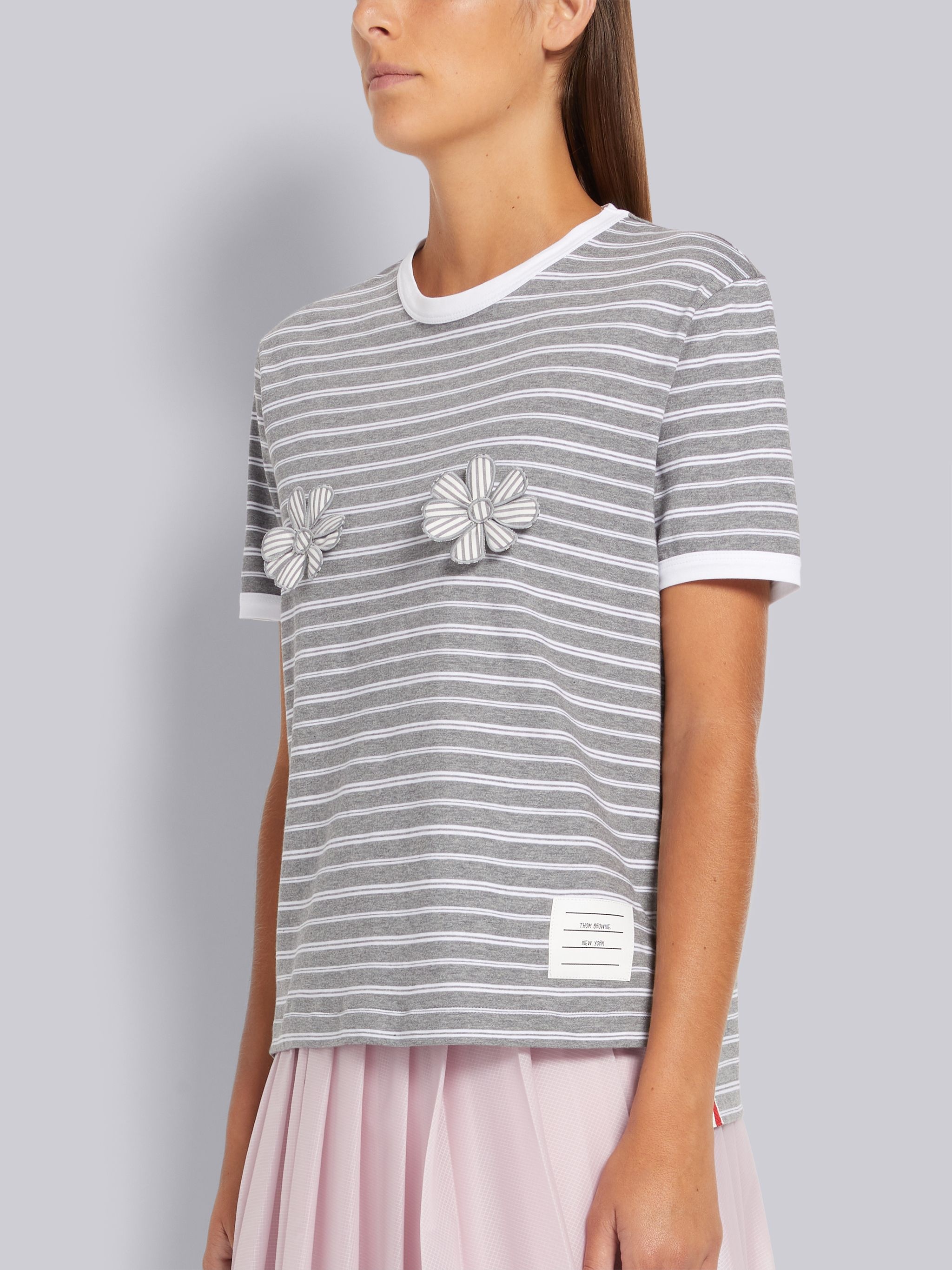 Medium Grey Organic Stripe Jersey Satin Stitch 3d Chest Flower Ringer Tee - 2