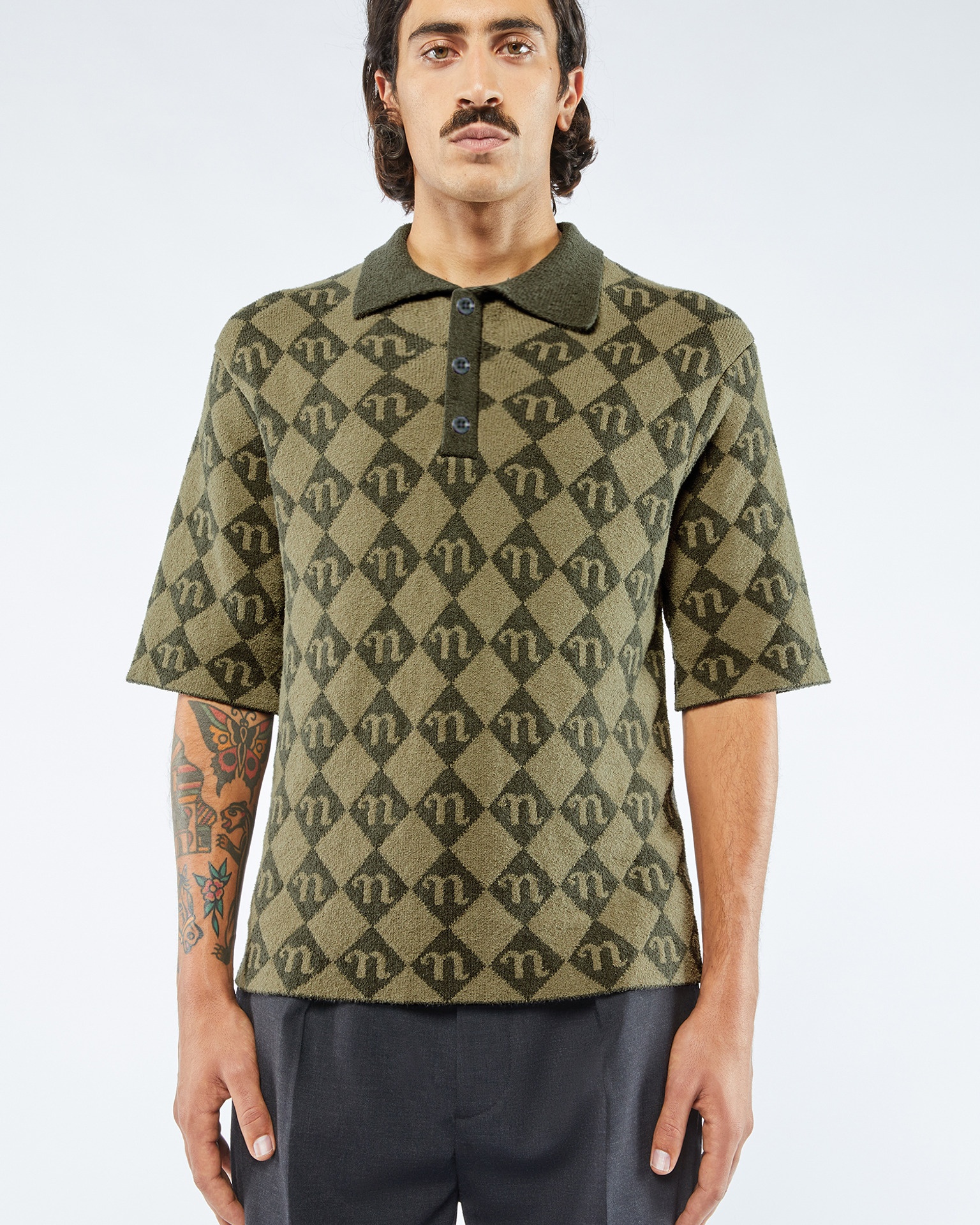 CARVER - Terry-knit polo shirt- Asphalt/khaki - 1